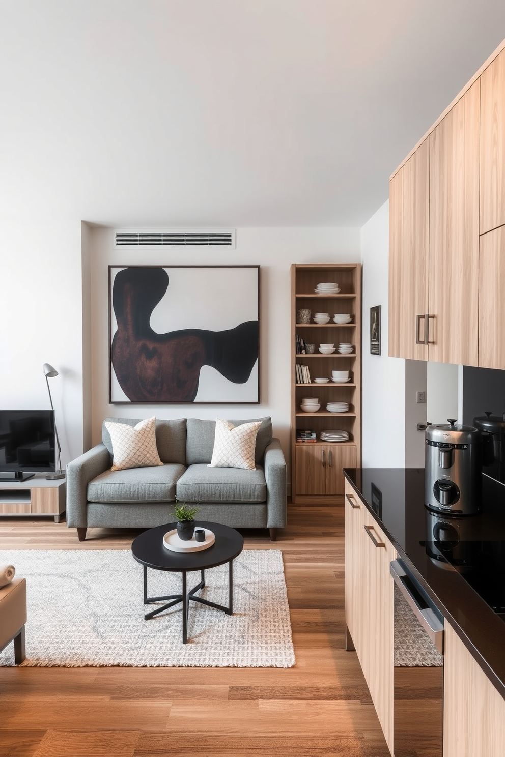 A cozy small apartment living area with wall-mounted lighting fixtures that illuminate the space without taking up floor area. The walls are painted in a soft gray tone, and a compact sofa in a neutral fabric sits against one wall, complemented by a stylish coffee table. In the corner, a small dining table with two chairs is positioned near a window, creating a bright and inviting nook. Shelves filled with plants and books line the walls, adding personality and warmth to the overall design.