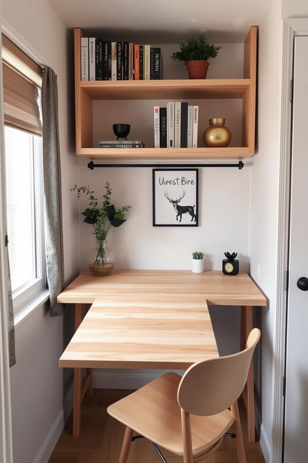 A cozy work area features a stylish fold-out desk that seamlessly integrates into the small apartment's design. The desk is crafted from light wood with minimalist lines, and it is positioned near a window to maximize natural light. Above the desk, a floating shelf displays books and decorative items, adding personality to the space. The walls are painted in a soft white, creating an airy feel, while a comfortable chair complements the desk's design.