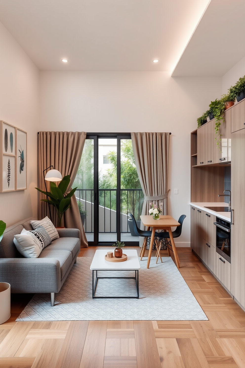 A small apartment design featuring a cozy living area with a compact sofa and a minimalist coffee table. The walls are adorned with light-colored artwork and plants, creating an inviting atmosphere. Incorporate sliding doors that open to a balcony, allowing natural light to flood the space. The kitchen area is designed with sleek cabinetry and a small dining table for two, optimizing functionality without sacrificing style.