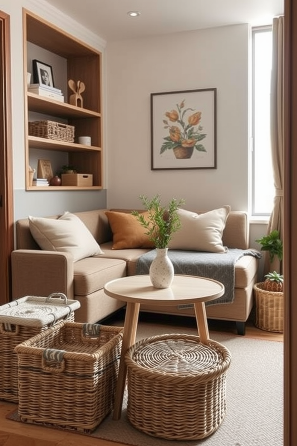 A cozy small apartment designed for optimal space utilization features stylish woven baskets used as storage solutions. The living area combines a compact sofa with a coffee table, while the baskets are neatly placed under the table and on shelves, adding both functionality and aesthetic appeal.