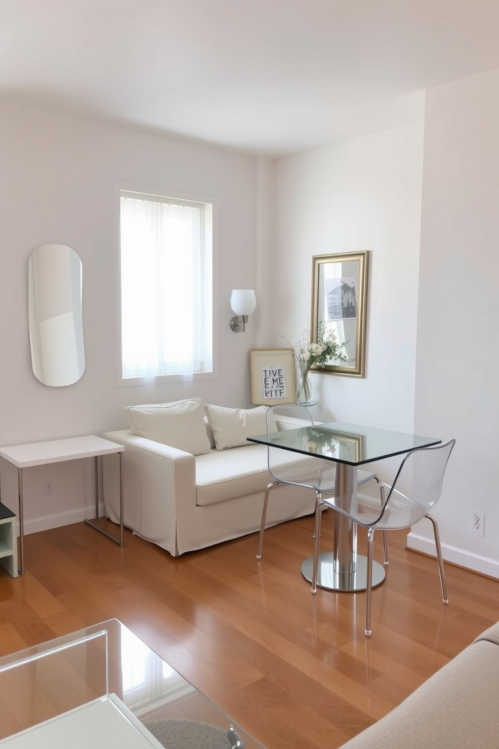 A cozy small apartment featuring transparent furniture to create a sense of visual lightness. The living area includes a clear acrylic coffee table and transparent dining chairs around a minimalist glass dining table. The walls are painted in soft pastel shades to enhance the airy feel of the space. A compact sofa in light fabric complements the furniture, while strategically placed mirrors reflect light and make the room appear larger.