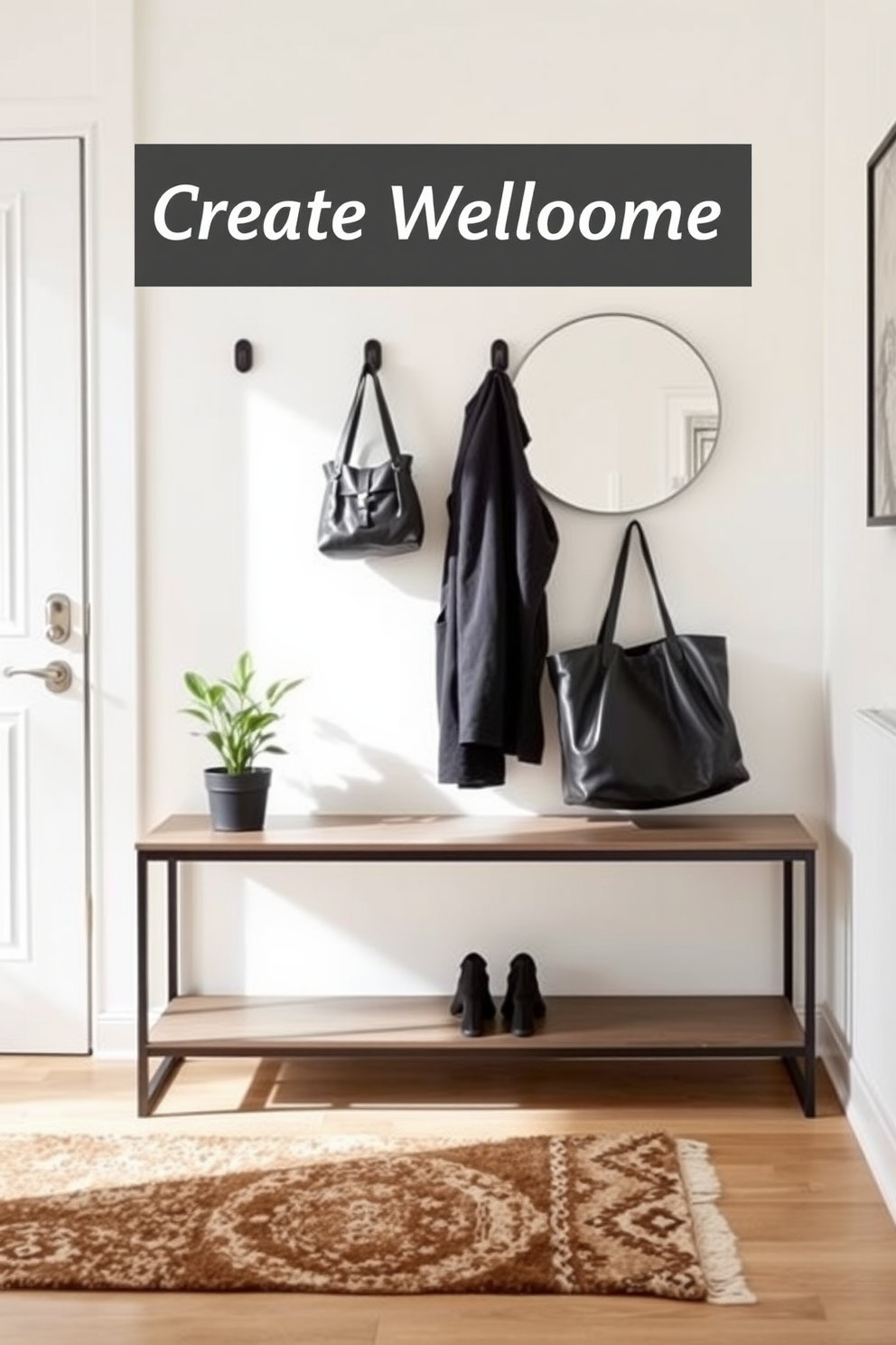 Create a welcoming entryway with hooks for coats and bags. The space features a sleek console table with a small potted plant and a mirror above it, reflecting natural light. The walls are painted in a soft pastel color, enhancing the inviting atmosphere. A stylish rug lies on the floor, adding warmth and texture to the small apartment design.