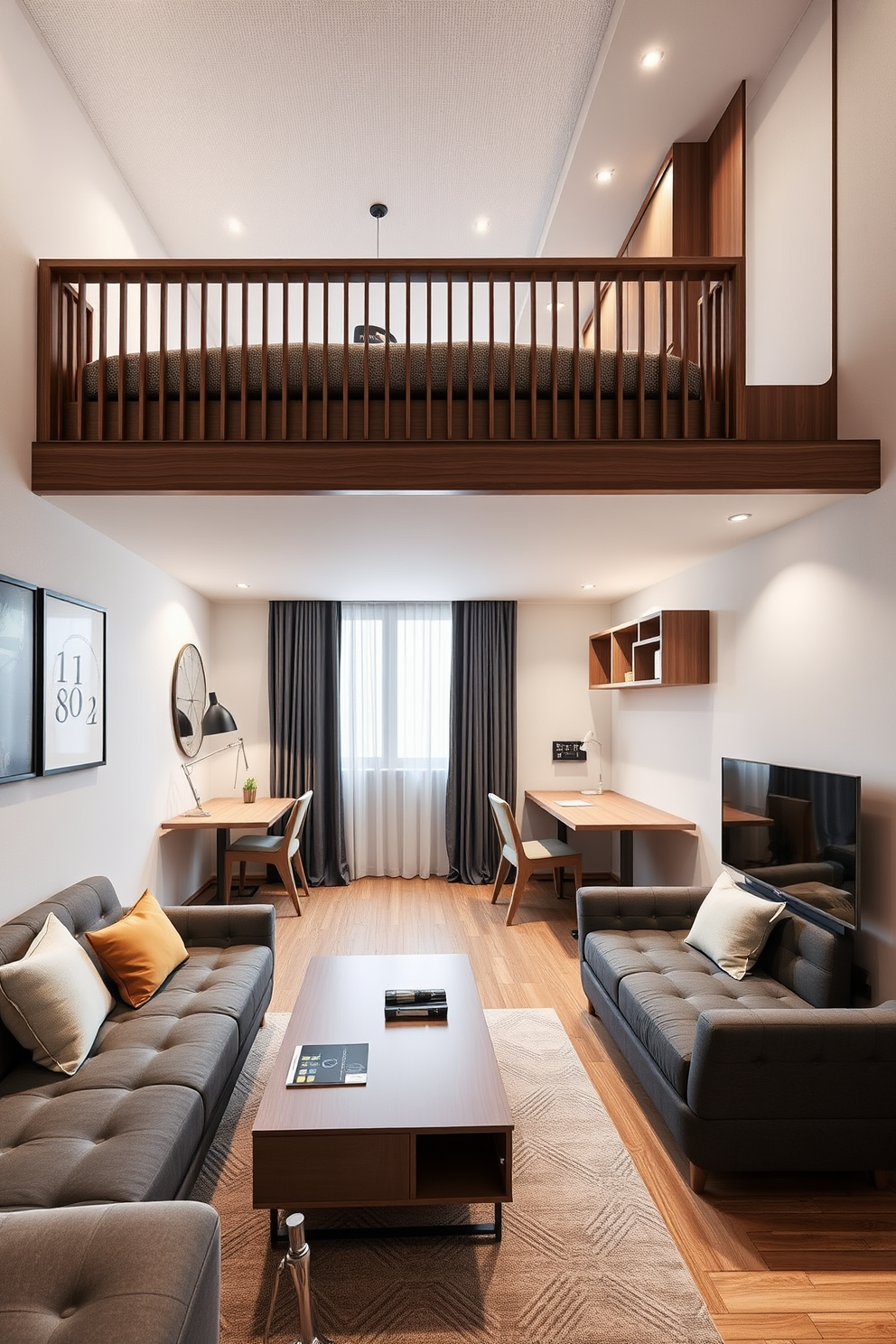 A small apartment design featuring multifunctional furniture that maximizes space and enhances flexibility. The living area includes a stylish sofa that converts into a bed, paired with a coffee table that doubles as storage. In the dining nook, a foldable table is surrounded by stackable chairs, allowing for easy rearrangement. The bedroom showcases a wall-mounted desk that can be tucked away when not in use, creating an open and airy feel.