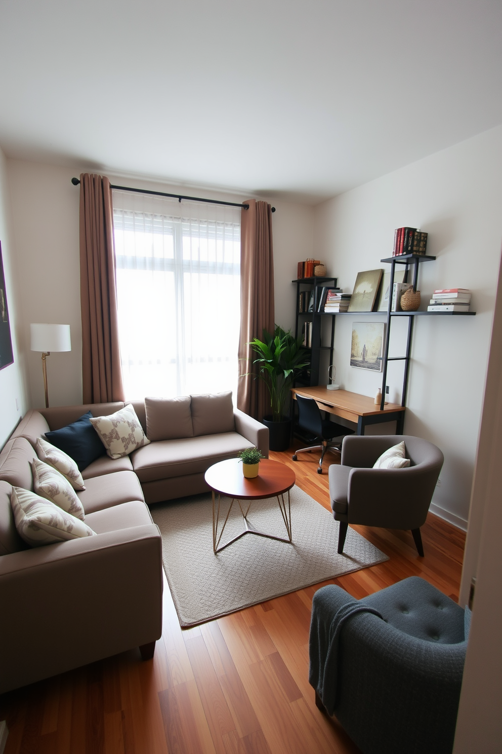 A cozy living area in a small apartment, featuring a corner sofa that maximizes seating while maintaining an open feel. A round coffee table sits in front, surrounded by two accent chairs, creating an inviting conversation area. In the opposite corner, a compact desk is positioned next to a window, providing a functional workspace without overwhelming the space. Shelves above the desk display books and decorative items, enhancing the room's personality while keeping the floor clear.