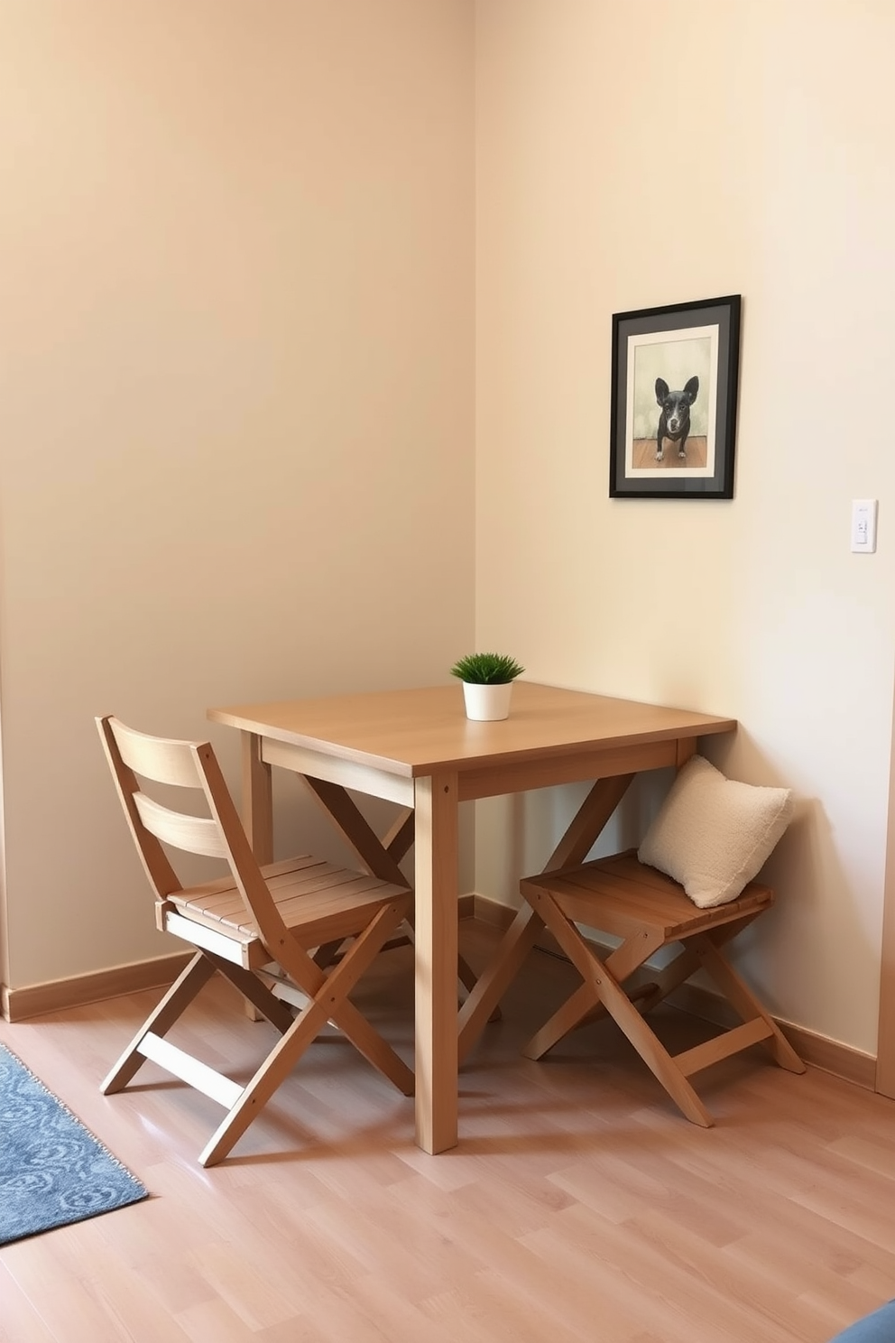 A cozy dining area in a small apartment featuring a foldable dining set that can comfortably seat four when extended. The set is made of light wood, and when not in use, it neatly folds against the wall, allowing for more space in the room. The walls are painted in a soft beige tone, creating a warm and inviting atmosphere. A small potted plant sits on the table, and a piece of wall art adds a pop of color to the space.