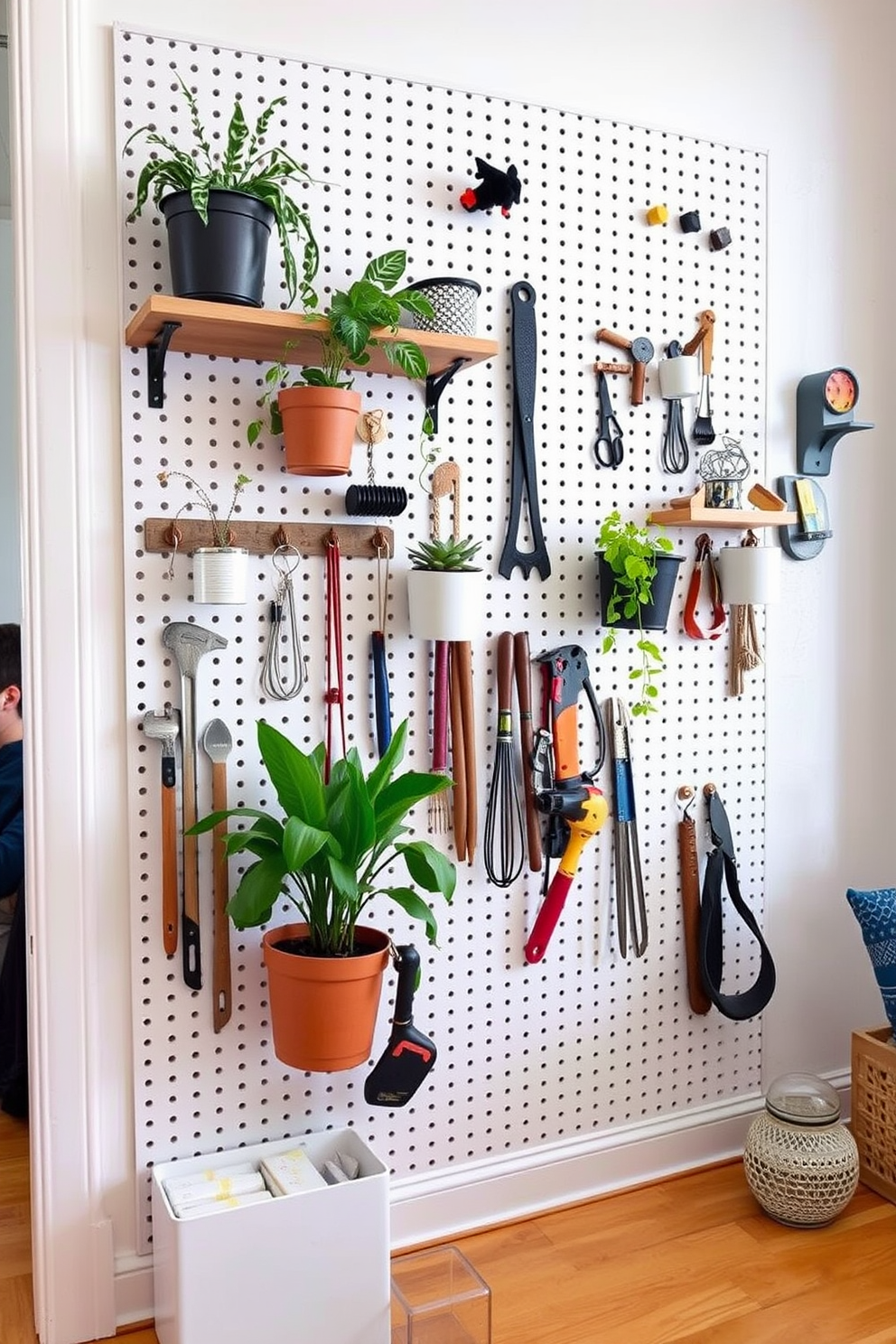 A small apartment design featuring a pegboard wall for creative organization. The pegboard is adorned with various hooks and shelves displaying plants, tools, and decorative items, maximizing vertical space.