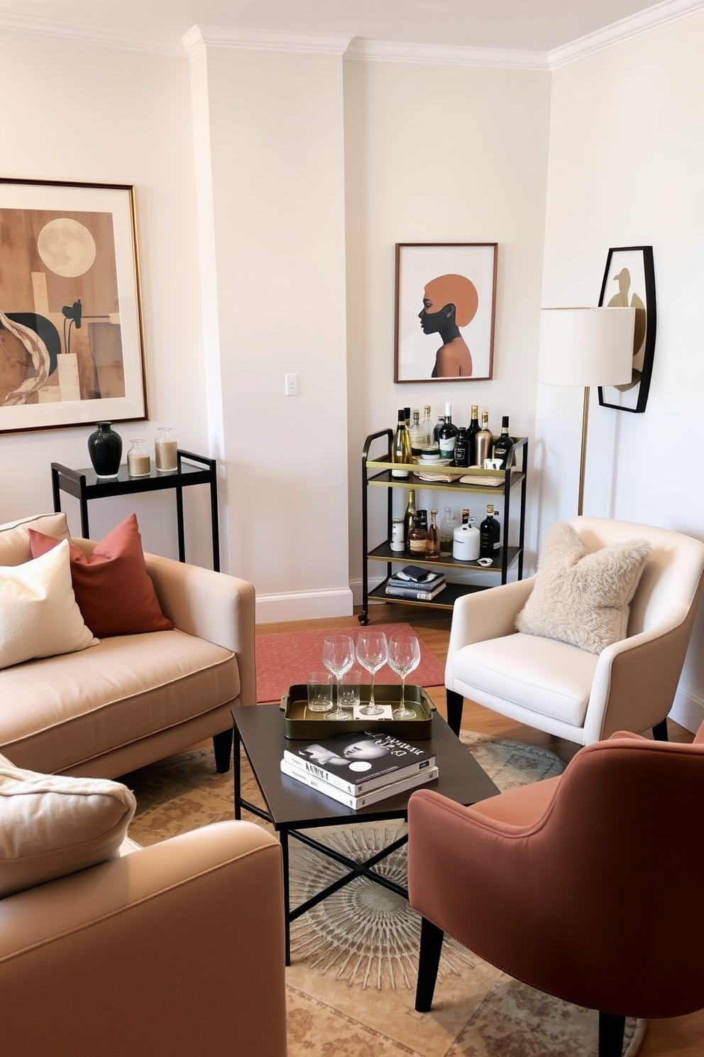 A stylish small apartment living area featuring a cozy seating arrangement with a plush sofa and a chic armchair. In the corner, a sleek bar cart is elegantly set up with an assortment of drinks and glassware, adding a touch of sophistication to the space. The walls are adorned with modern art pieces that complement the overall color scheme of soft neutrals and warm tones. A small coffee table sits in front of the seating area, topped with a decorative tray and a few carefully chosen books for a personal touch.