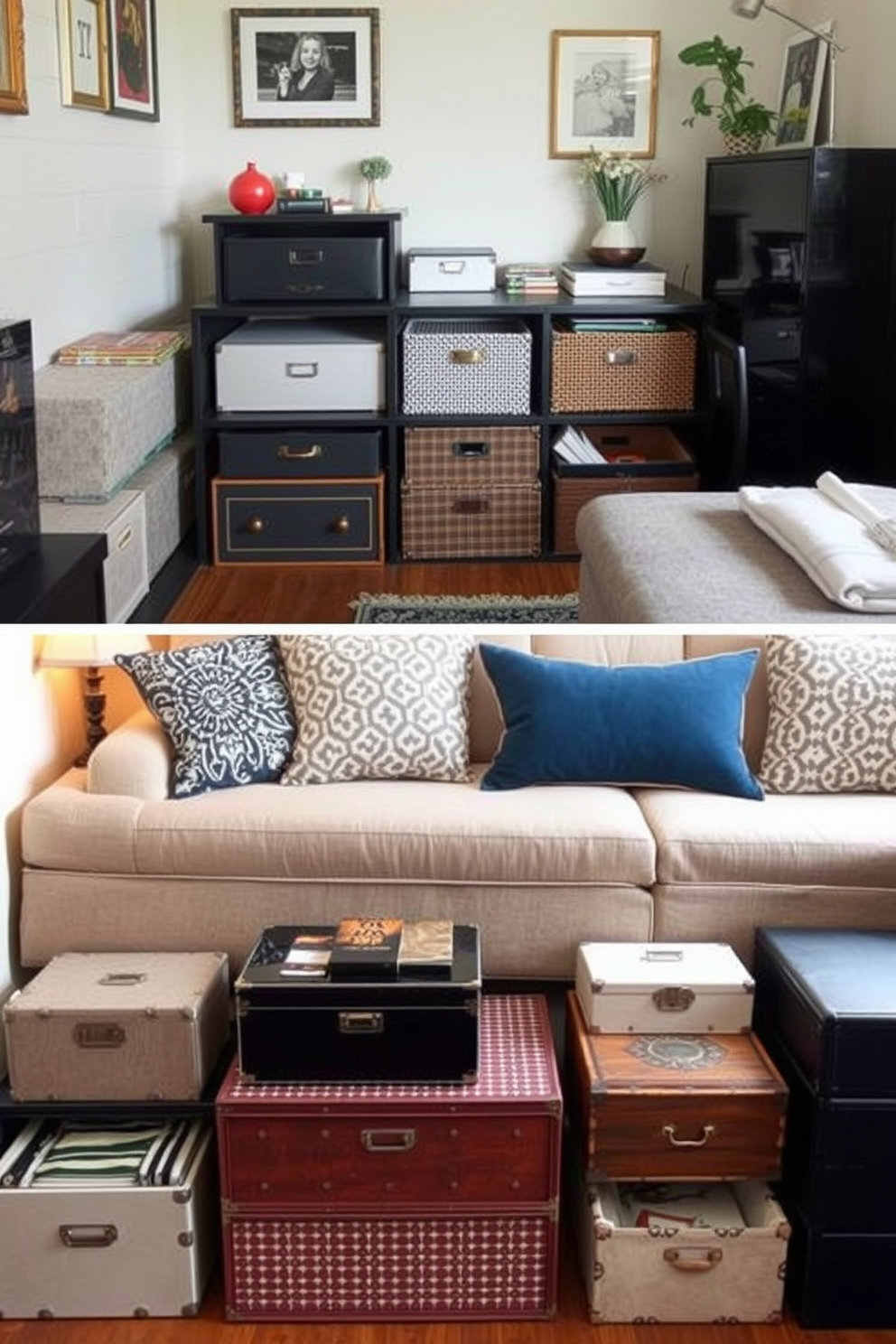 A cozy small apartment featuring decorative boxes used for hidden storage throughout the space. The living area showcases a stylish arrangement of these boxes, blending functionality with aesthetic appeal.