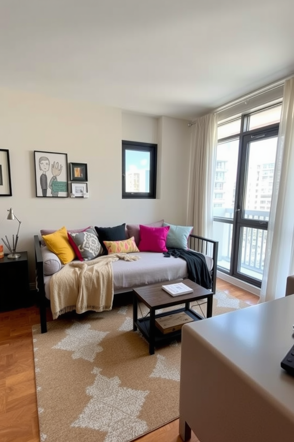 A cozy small apartment living space featuring a versatile daybed that doubles as a seating area and a sleeping space. The daybed is adorned with colorful cushions and a soft throw blanket, positioned against a wall with artful decor. The room includes a compact coffee table in front of the daybed, surrounded by a stylish area rug that adds warmth. Large windows allow natural light to flood the space, complemented by light curtains that create an airy atmosphere.