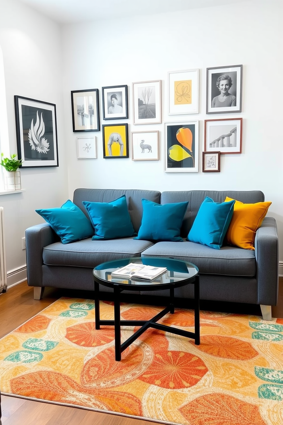 A cozy living area in a small apartment featuring a sleek gray sofa adorned with vibrant throw pillows in shades of teal and mustard. A round coffee table with a glass top sits in front of the sofa, surrounded by a colorful area rug that ties the space together. The walls are painted in a soft white, creating a bright and airy feel, while a gallery wall of framed art adds personality and interest. A small potted plant on the windowsill brings a touch of greenery, complementing the overall design with a refreshing pop of color.