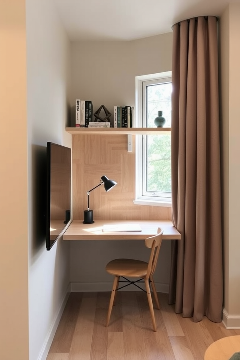 A cozy small apartment design featuring a wall-mounted desk that seamlessly blends into the living space. The desk is made of light wood and is positioned near a window, allowing natural light to illuminate the workspace. The surrounding walls are painted in a soft beige, creating a warm and inviting atmosphere. A comfortable chair is tucked under the desk, and a small shelf above holds books and decorative items, adding personality to the area.