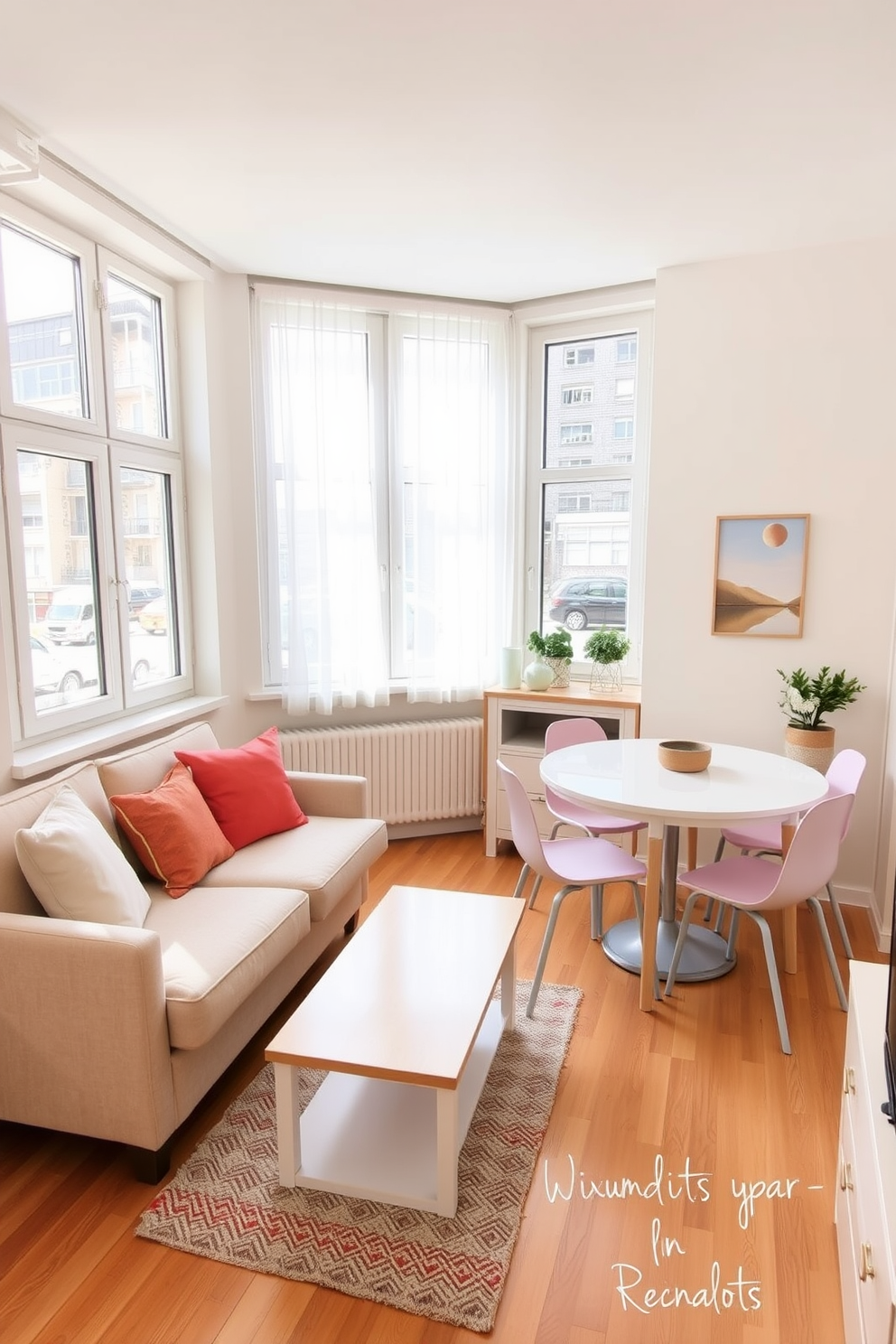 A cozy small apartment living area with light-colored walls that enhance the feeling of openness. The furniture includes a compact sofa in a soft beige fabric paired with a light wood coffee table and a few vibrant cushions for a pop of color. A small dining nook features a round white table surrounded by pastel-colored chairs, maximizing space while maintaining a cheerful atmosphere. Natural light floods in through large windows, creating a warm and inviting ambiance throughout the apartment.