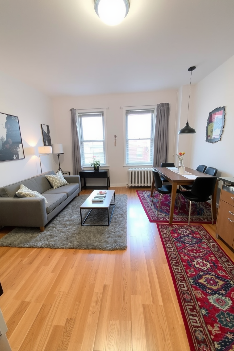 A cozy living area in a small apartment featuring a plush area rug that defines the seating space. The rug is layered over light hardwood floors, and a stylish sofa is positioned to create an inviting atmosphere. Adjacent to the living area, a compact dining nook is highlighted by a round area rug under a small table and chairs. The rug adds warmth and visual interest, complementing the modern decor of the apartment.