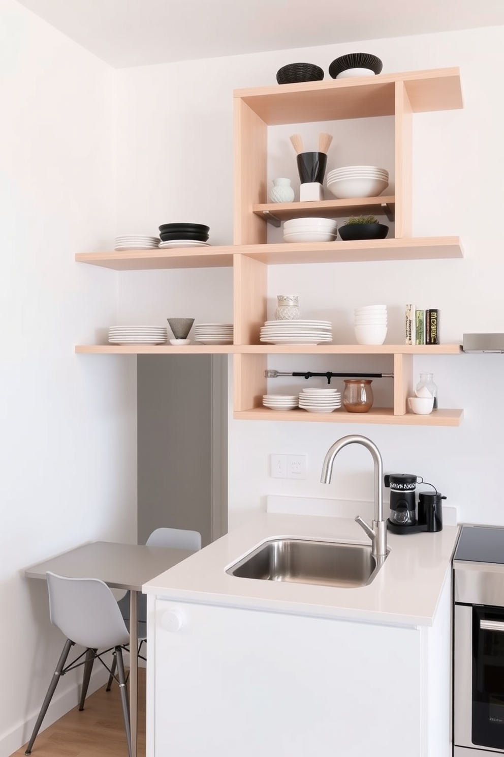 A contemporary kitchen design featuring open shelving that displays an array of stylish dishware and decorative items. The shelves are made of light wood and are complemented by a sleek, minimalist countertop with a modern sink. The walls are painted in a soft white hue, creating a bright and airy atmosphere. A small dining table with two chairs is positioned adjacent to the kitchen, enhancing the functionality of the compact space.