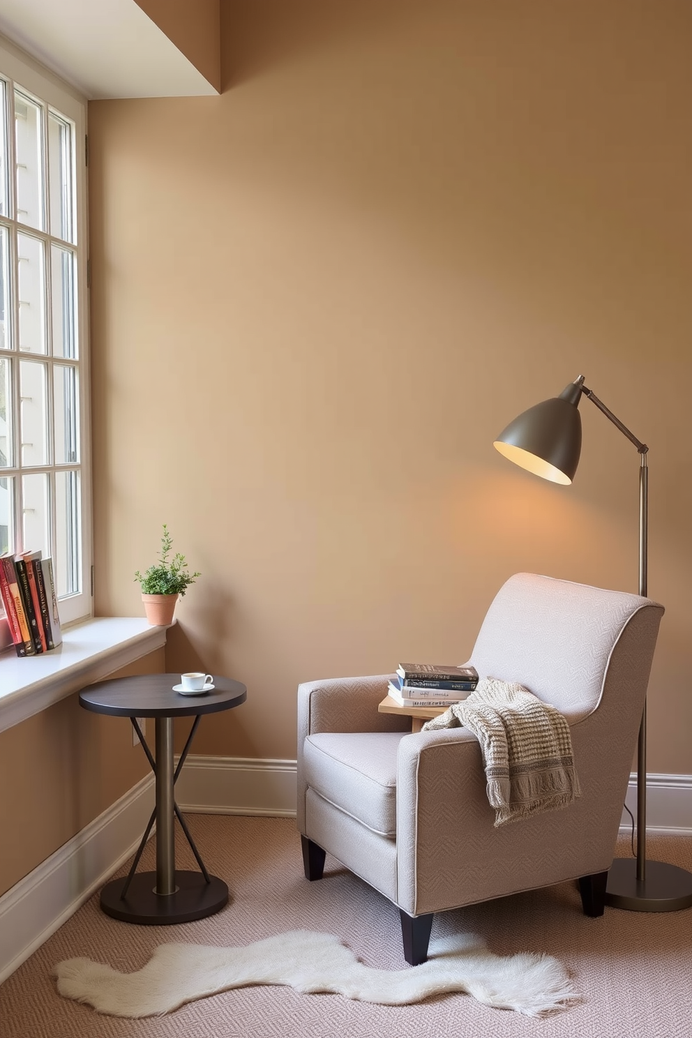 Create a cozy reading nook by the window. A plush armchair in a soft fabric is positioned beside a small side table, perfect for holding a cup of tea and a stack of books. The walls are painted in a warm beige tone, enhancing the inviting atmosphere. A soft throw blanket is draped over the armchair, and a floor lamp with a warm glow stands nearby for evening reading.