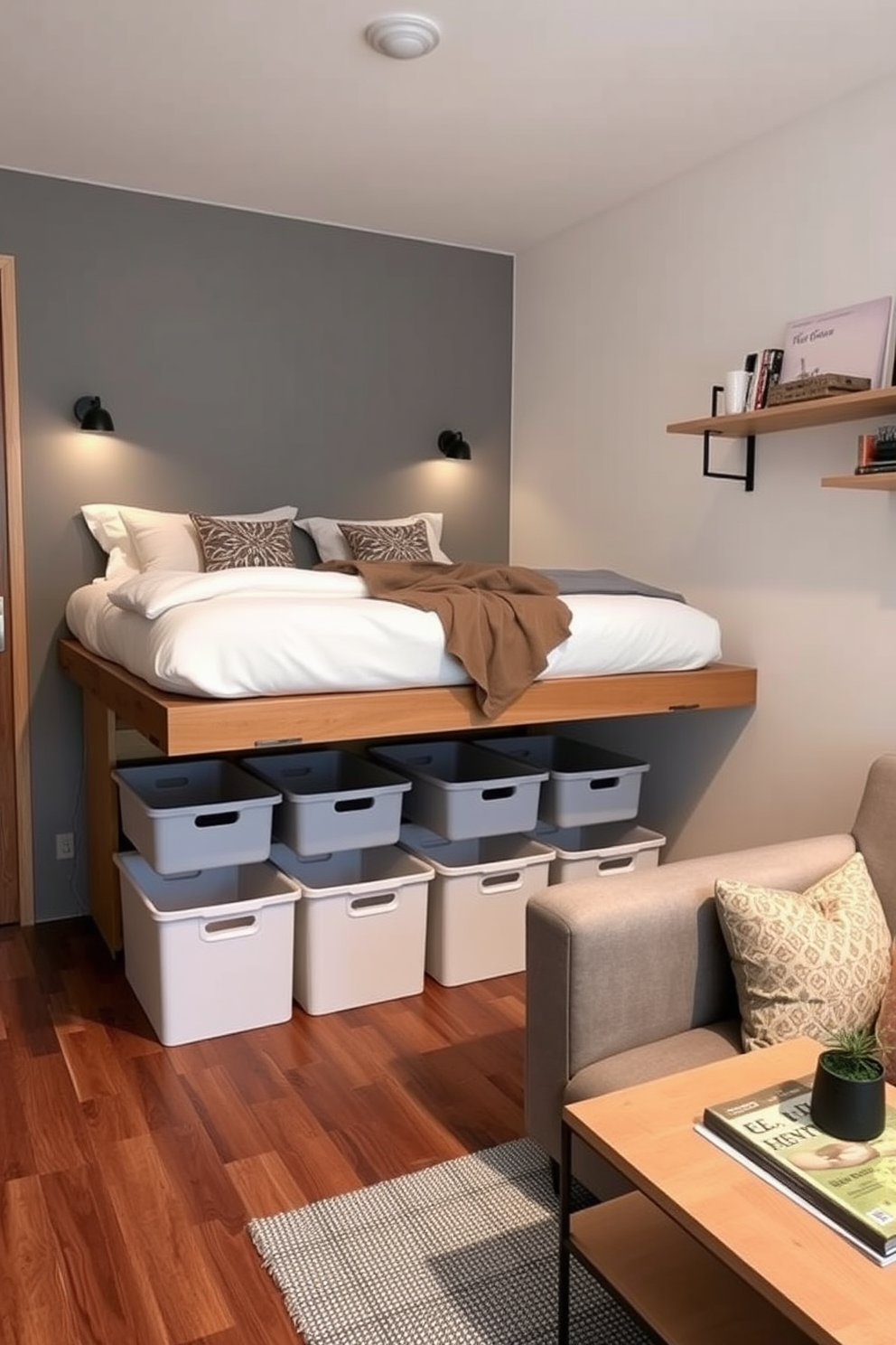 A small apartment features a cozy bedroom with a platform bed elevated to create ample under-bed storage. The bed is adorned with soft linens and decorative pillows, while storage bins neatly fit underneath, maximizing space efficiency. The living area is designed with a minimalist approach, incorporating a compact sofa and a sleek coffee table. A wall-mounted shelf displays books and decorative items, keeping the floor area open and inviting.