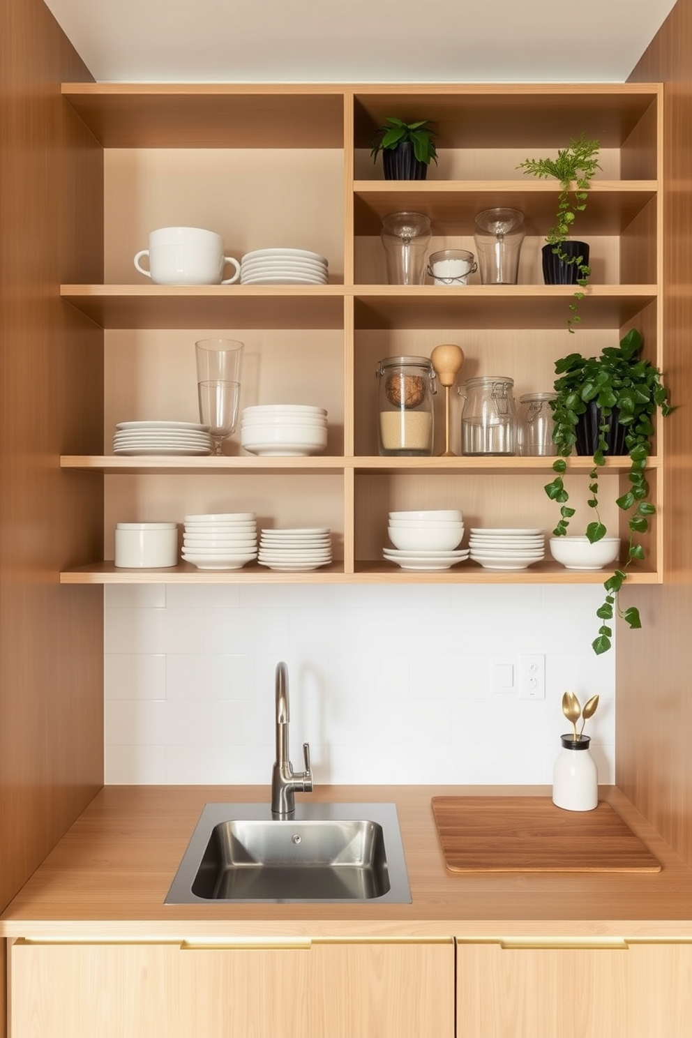 A small apartment kitchen featuring open shelving that provides easy access to kitchen essentials and decorative items. The shelves are made of light wood, creating a warm and inviting atmosphere while maximizing vertical space. The kitchen includes a compact island with bar stools, perfect for casual dining or meal prep. Bright, airy colors dominate the space, complemented by modern appliances and stylish accessories.