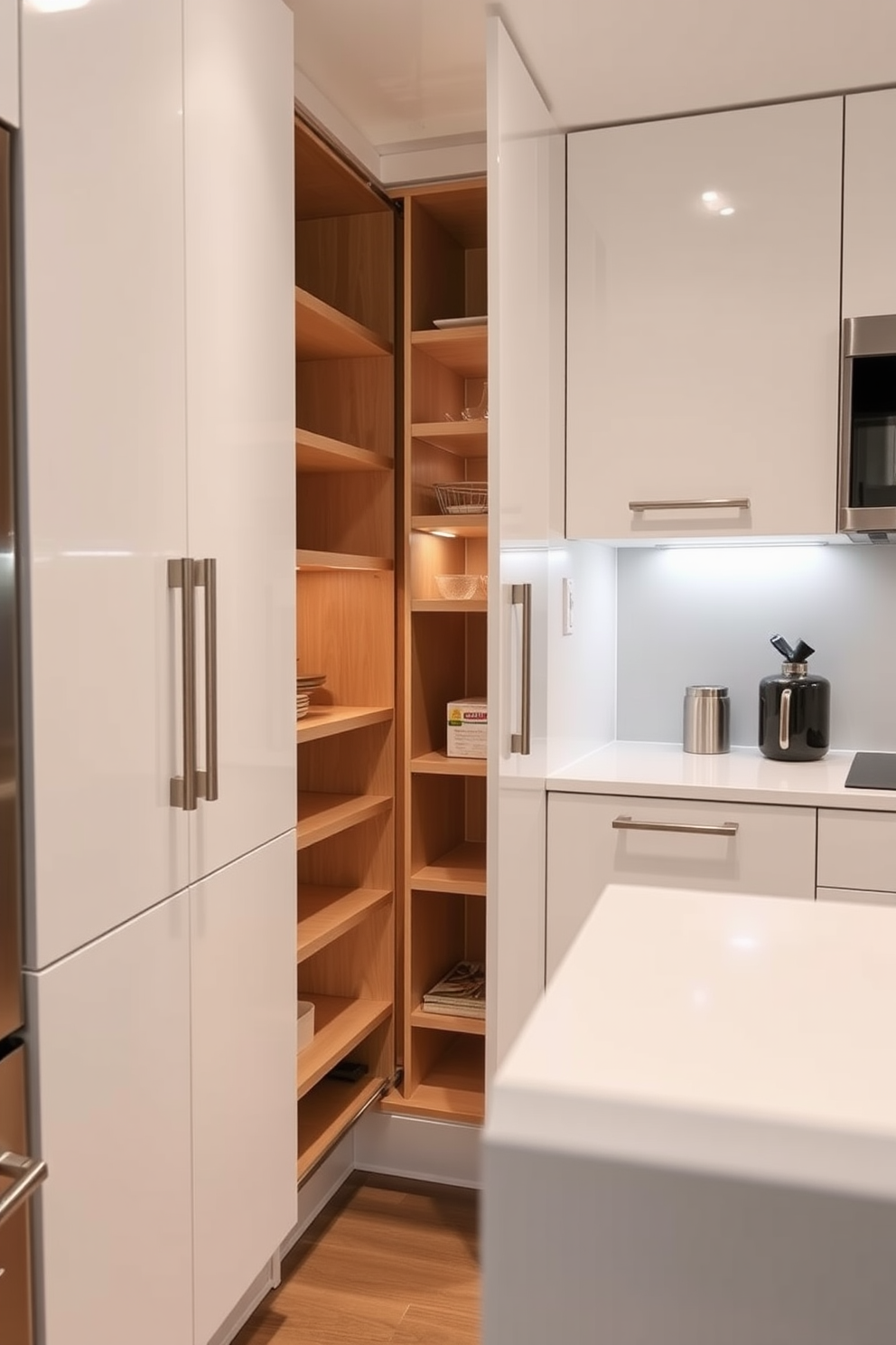 A small apartment kitchen featuring a modern pull-out pantry seamlessly integrated into the cabinetry for efficient storage. The design includes sleek white cabinets with brushed nickel handles, a compact island with bar seating, and a stylish backsplash in a light gray tone.