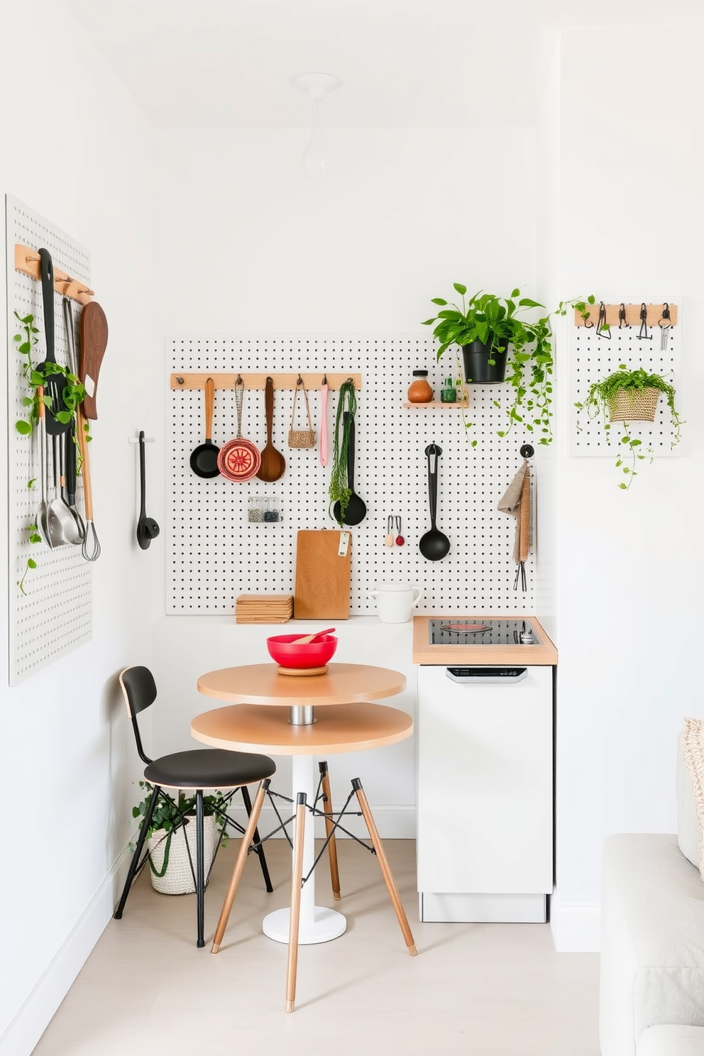 A small apartment kitchen designed with pegboards for hanging utensils creates an organized and stylish space. The walls are painted in a light color to enhance brightness, while the pegboards are adorned with various kitchen tools and plants for a touch of greenery. The kitchen features a compact layout with a sleek countertop and minimalist cabinetry. A small dining area with a round table and chairs is integrated into the design, maximizing functionality without sacrificing aesthetics.