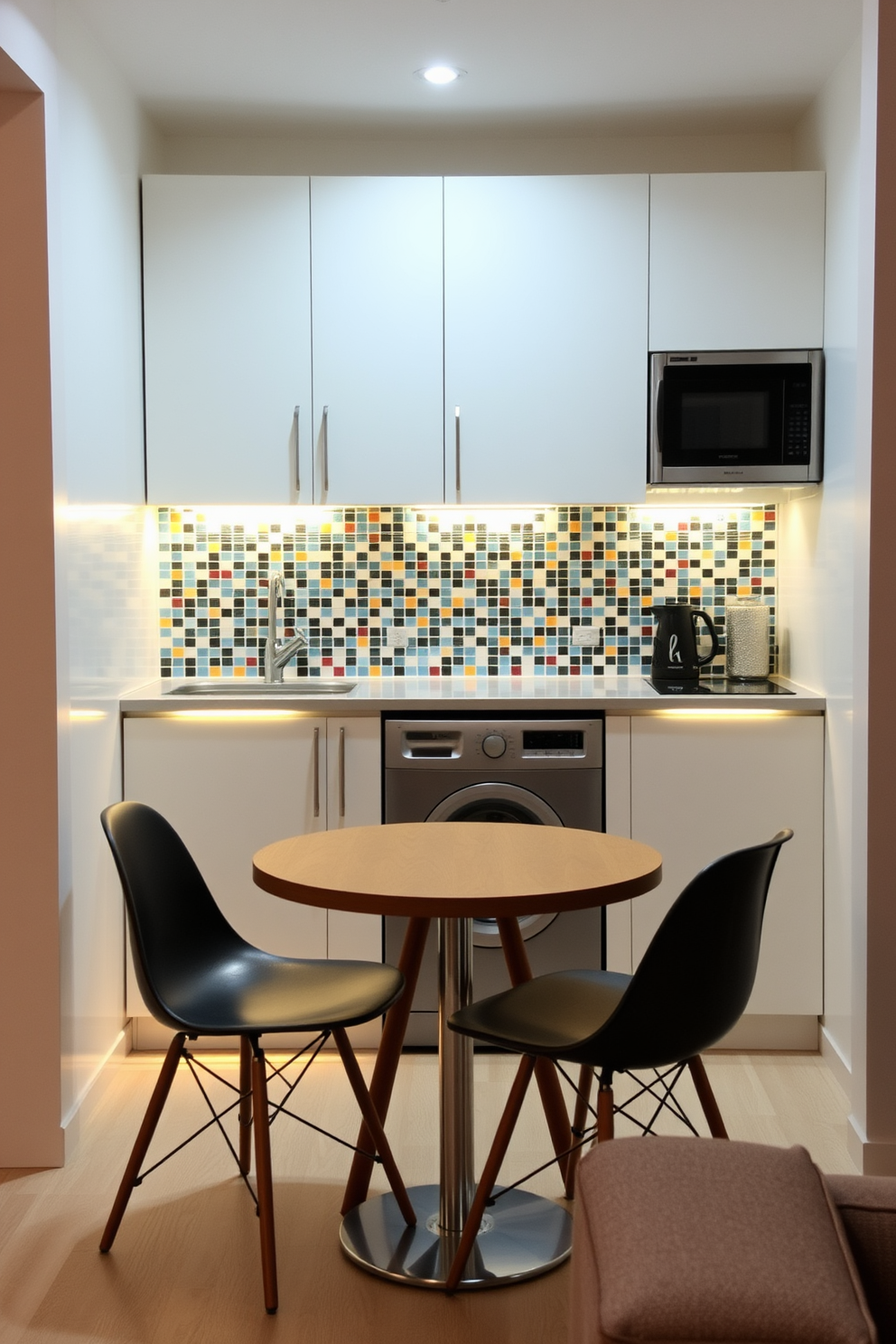 A cozy small apartment kitchen features a modern design with sleek cabinetry in a soft white finish. A colorful backsplash made of mosaic tiles adds visual interest and vibrancy to the space. The kitchen includes a compact dining area with a round wooden table and two stylish chairs. Under-cabinet lighting illuminates the countertop, creating a warm and inviting atmosphere.