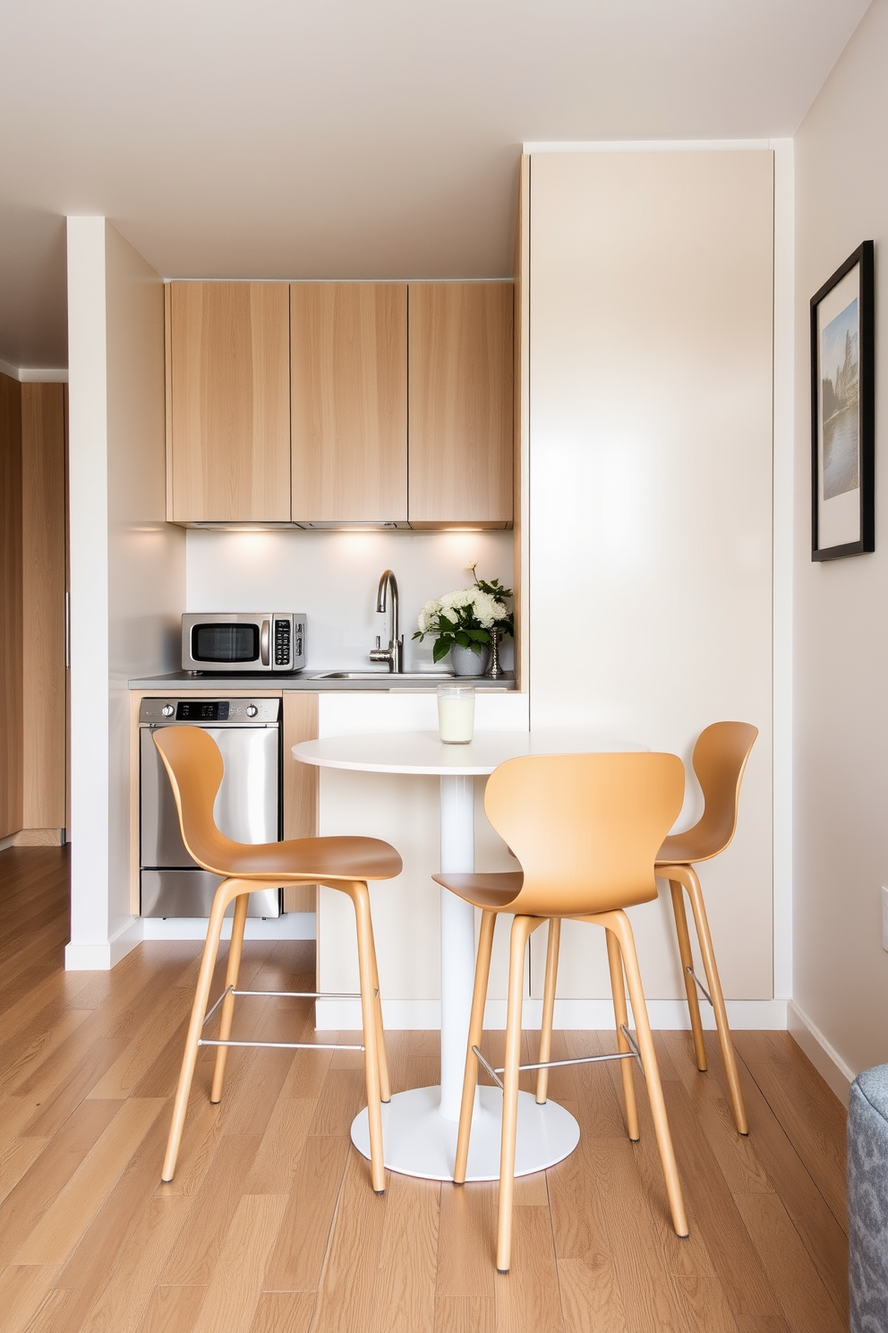 A compact kitchen featuring a pegboard wall for organized kitchen tools. The pegboard is mounted above a sleek countertop and showcases various utensils, pots, and pans neatly arranged for easy access. The cabinetry is minimalistic with a light wood finish, providing a warm contrast to the white walls. A small dining table with two chairs is positioned near a window, allowing natural light to brighten the space.