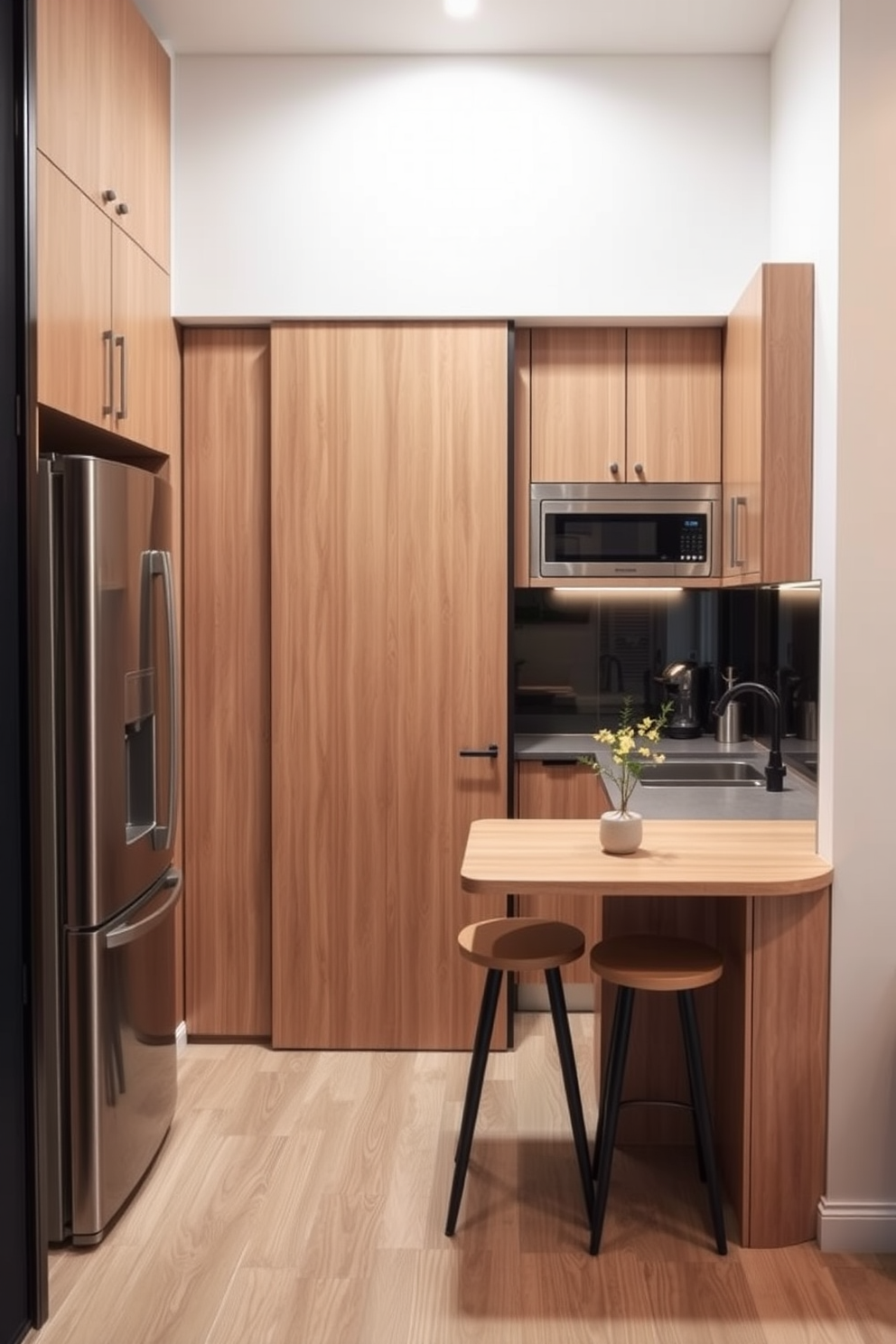 A small apartment kitchen featuring a sleek pull-out pantry for efficient storage. The cabinetry is a mix of white and light wood, creating a bright and airy atmosphere. In the corner, a compact dining table with two chairs complements the space. The countertops are a polished quartz, and a stylish backsplash adds a pop of color.