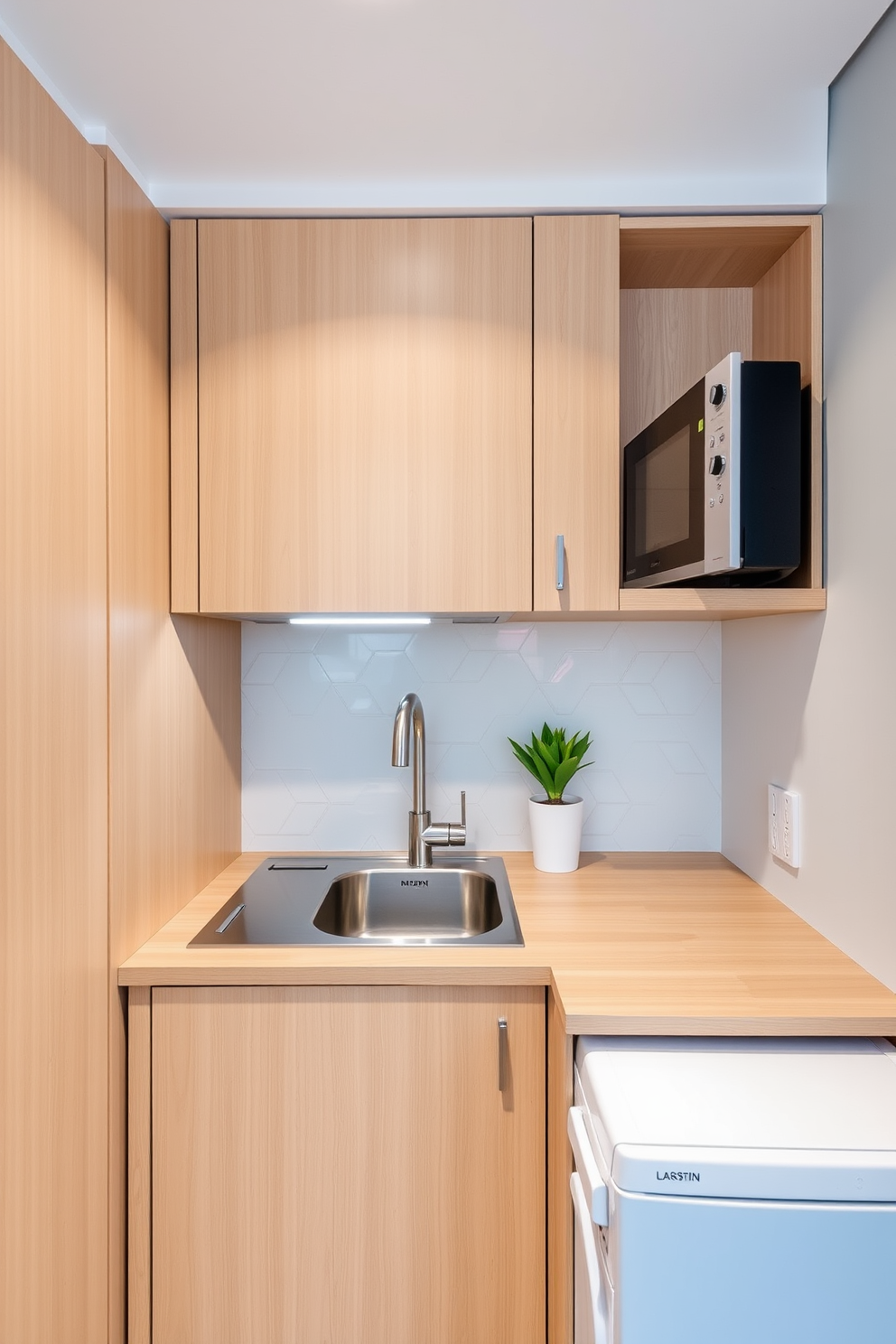 A small apartment kitchen designed for optimal space efficiency features sleek, under-counter appliances that blend seamlessly with the cabinetry. The layout includes a compact refrigerator, a built-in microwave, and a dishwasher, all designed to maximize functionality while maintaining a modern aesthetic. The cabinetry is finished in a light, neutral tone to enhance the sense of space, complemented by a subtle backsplash of textured tiles. A small island with bar seating provides additional workspace and serves as a casual dining area, making the kitchen both practical and inviting.