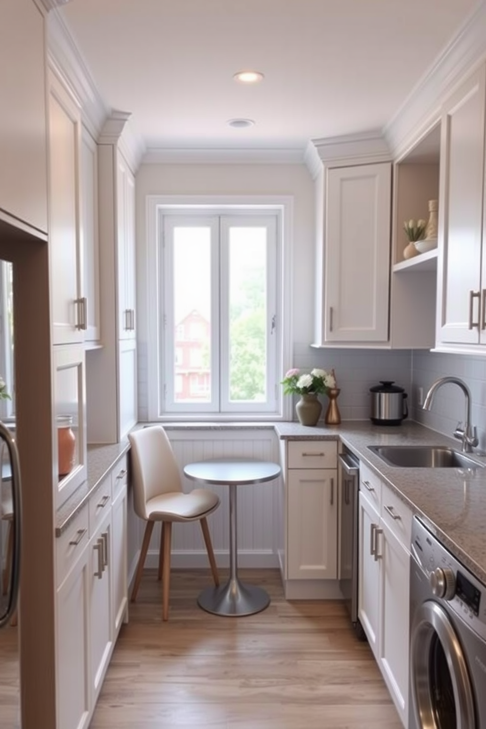 A cozy small apartment kitchen with corner cabinets designed for hidden storage. The cabinets are painted in a soft white color, seamlessly blending with the light wood accents throughout the space. The countertops are a sleek gray quartz, providing ample workspace for meal preparation. A small dining nook is integrated into the design, featuring a round table and two comfortable chairs against a bright window.