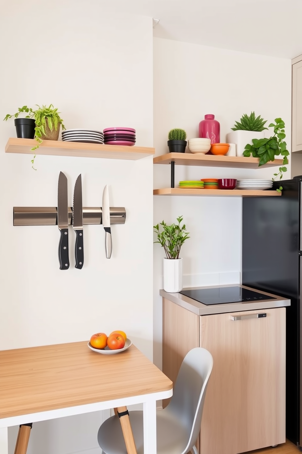 A small apartment kitchen with a modern aesthetic featuring decorative baskets for organized storage. The cabinetry is sleek and white, complemented by a light wood countertop and open shelving displaying colorful dishware.