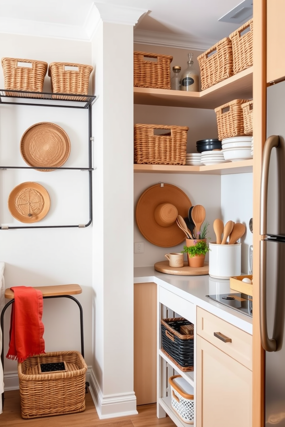 A small apartment kitchen featuring decorative baskets for organization. The space includes open shelving adorned with stylish baskets holding kitchen essentials, while a compact island provides additional storage and seating.