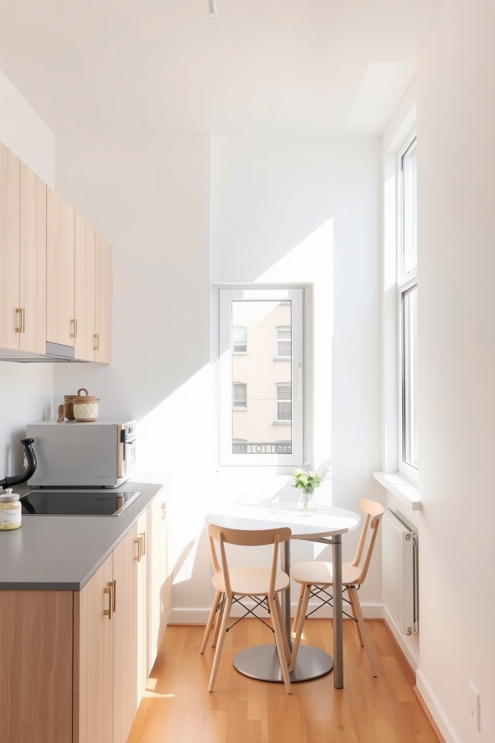 A small apartment kitchen with an open and airy feel. The walls are painted in soft white, complemented by light wooden cabinets and a pale gray countertop. Natural light floods the space through a large window, enhancing the bright atmosphere. A small dining table with light-colored chairs is positioned near the window, creating a cozy dining nook.