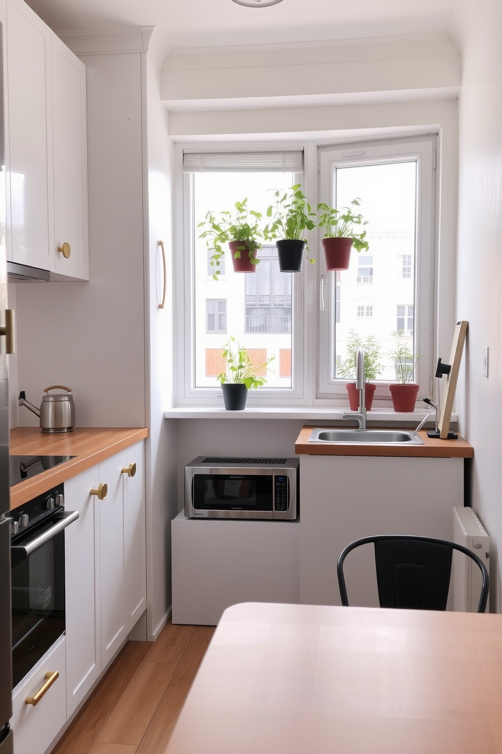 A cozy small apartment kitchen featuring a compact layout with modern appliances and ample storage solutions. The design includes a small herb garden on the windowsill, with pots of basil, rosemary, and thyme thriving in natural light. The cabinetry is a sleek white with brass hardware, and the countertops are a warm wood finish. A small dining table with two chairs is placed in the corner, creating an inviting space for meals and gatherings.