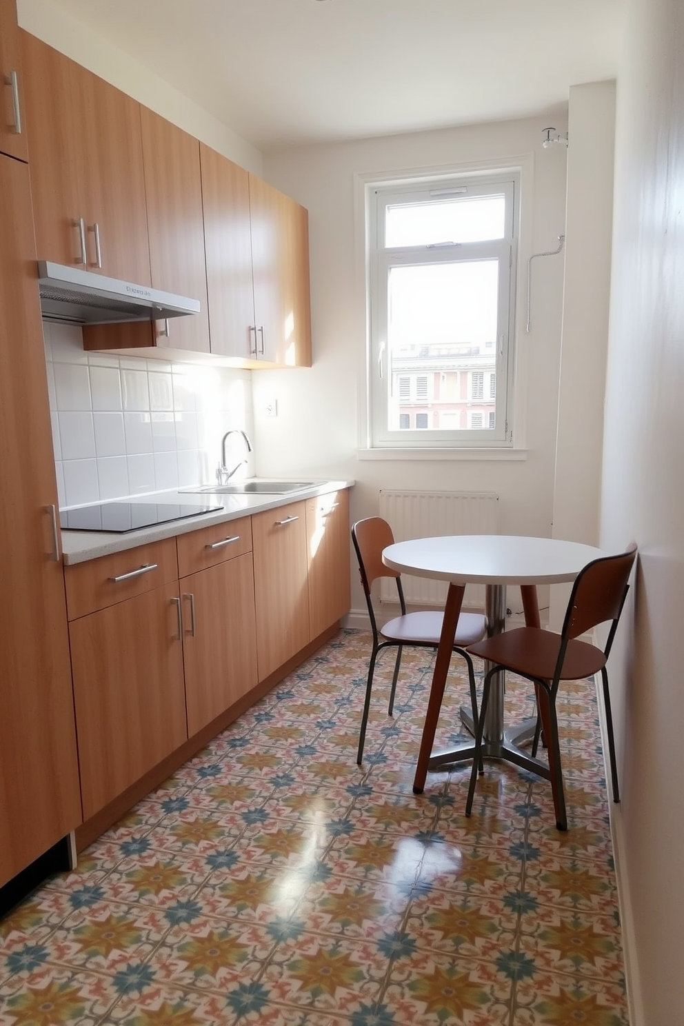 A cozy small apartment kitchen featuring patterned tiles on the floor that add a vibrant touch to the space. The kitchen includes sleek cabinetry in a light wood finish and a compact dining nook with a round table and two chairs. The countertops are a polished white quartz, providing a clean contrast to the colorful tiles. A small window above the sink allows natural light to flood the room, enhancing the warm atmosphere.