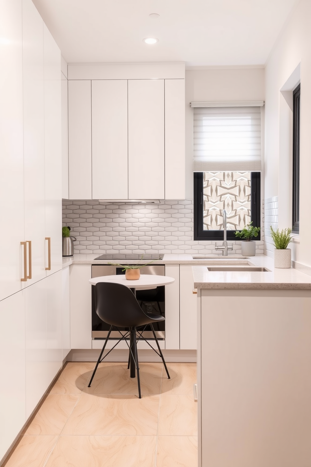 A small apartment kitchen designed with a cohesive color palette of soft whites and warm greys. The cabinetry features sleek lines and minimalist hardware, while the countertops are a light grey quartz that complements the overall aesthetic. The backsplash showcases a subtle geometric pattern in white and grey tiles, adding texture without overwhelming the space. A small dining nook with a round table and stylish chairs is situated near a window, enhancing the kitchen's functionality and charm.