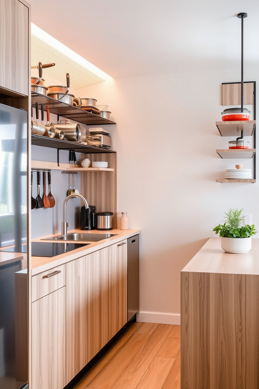 A small apartment kitchen featuring wall-mounted racks for cookware. The design includes sleek, modern cabinetry in a light wood finish and a compact island with bar seating.