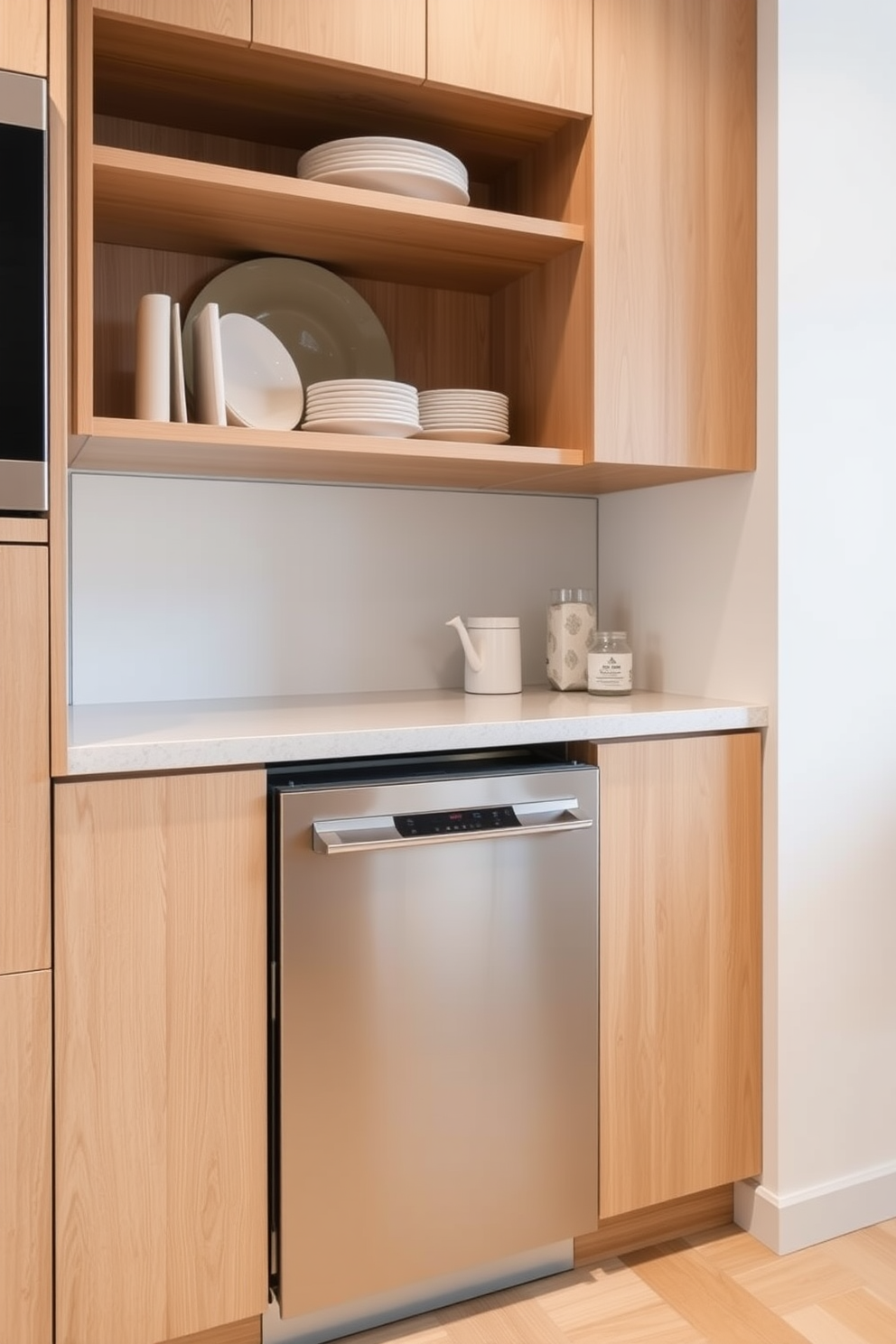 A compact kitchen featuring a sleek and modern dishwasher seamlessly integrated into the cabinetry. The space showcases a minimalist design with light wood cabinets, a quartz countertop, and open shelving for easy access to dishware.