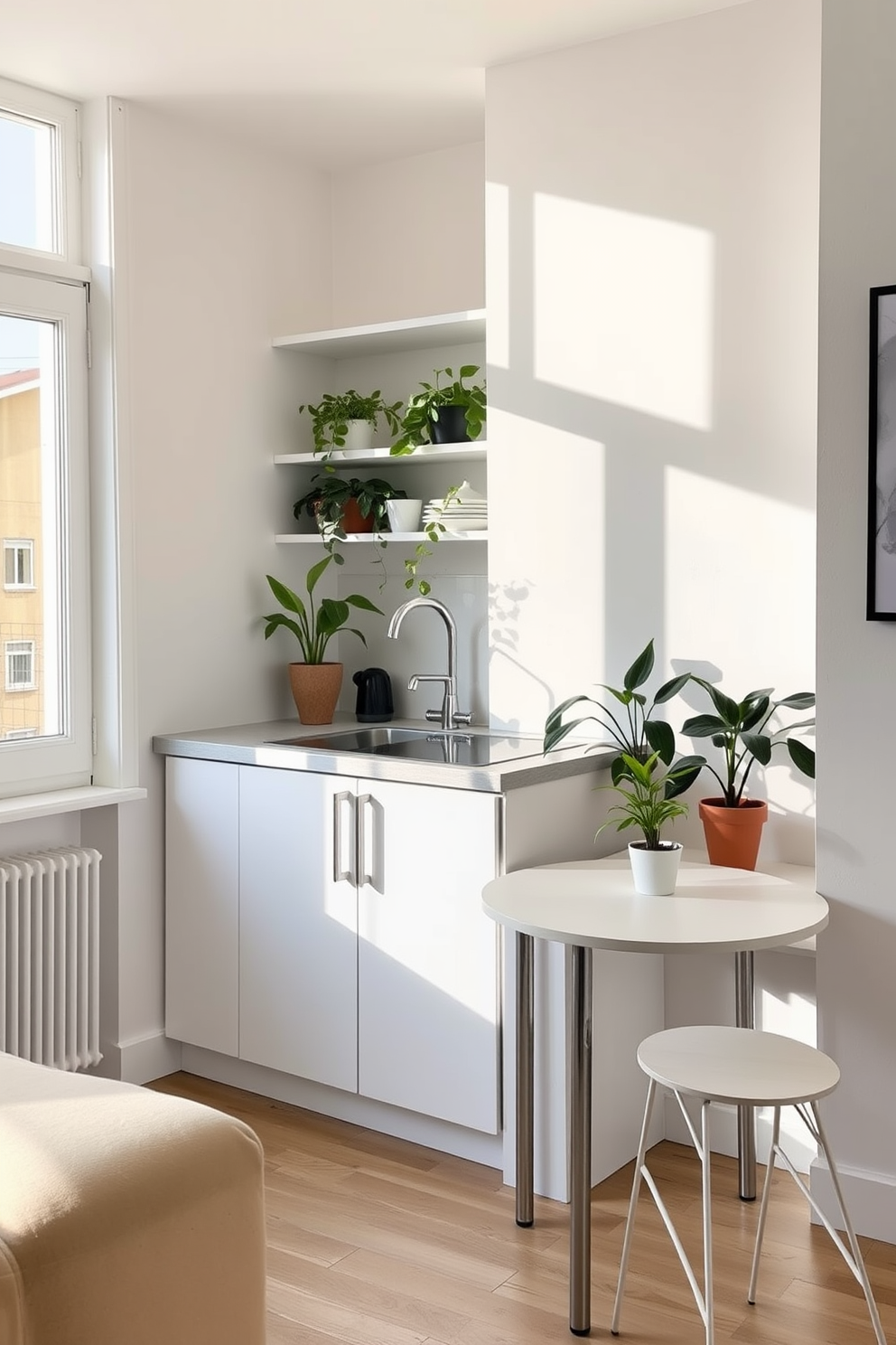 A cozy small apartment kitchen filled with natural light. The space features a sleek white cabinetry with open shelving displaying vibrant indoor plants. A compact dining table with minimalist design sits adjacent to the kitchen area. The walls are painted in soft pastel tones, creating a warm and inviting atmosphere.