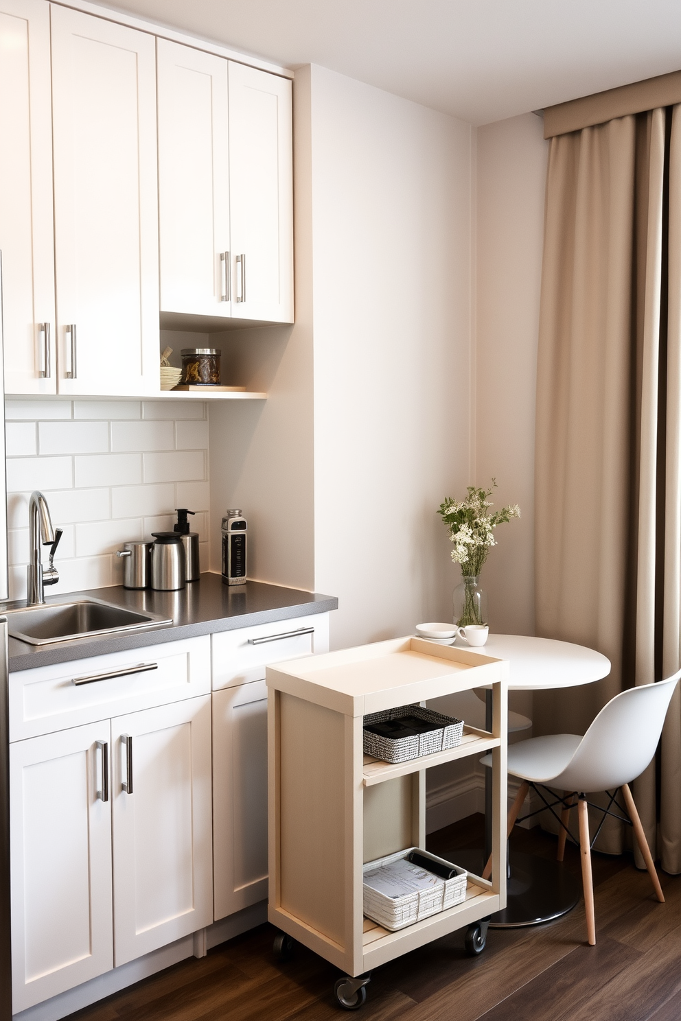 A stylish small apartment kitchen featuring a statement light fixture that serves as the focal point of the space. The cabinetry is a sleek white with gold hardware, complemented by a contrasting dark countertop that adds depth to the design. The kitchen island is topped with a beautiful marble surface, providing additional prep space and a casual dining area. Surrounding the island are modern bar stools with upholstered seats that enhance comfort and style.