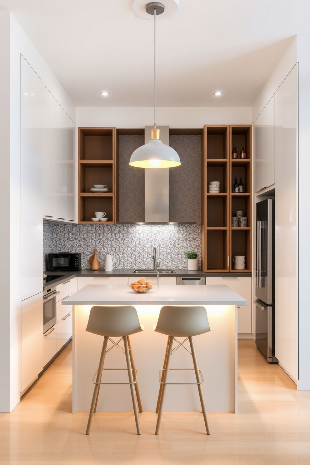 A small apartment kitchen designed with a focus on functionality and style. The cabinetry features sleek lines in a soft beige hue, complemented by a white quartz countertop and a subtle backsplash in light gray. Natural light floods the space through a large window, illuminating the open shelving that displays tasteful dishware. A compact dining area with a round table and minimalist chairs adds warmth, while potted herbs on the windowsill bring a touch of greenery.