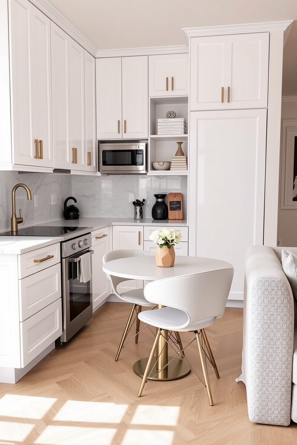 A small apartment kitchen featuring a sleek sliding door that maximizes space efficiency. The kitchen layout includes modern cabinetry in a light wood finish, complemented by stainless steel appliances and a compact dining area.