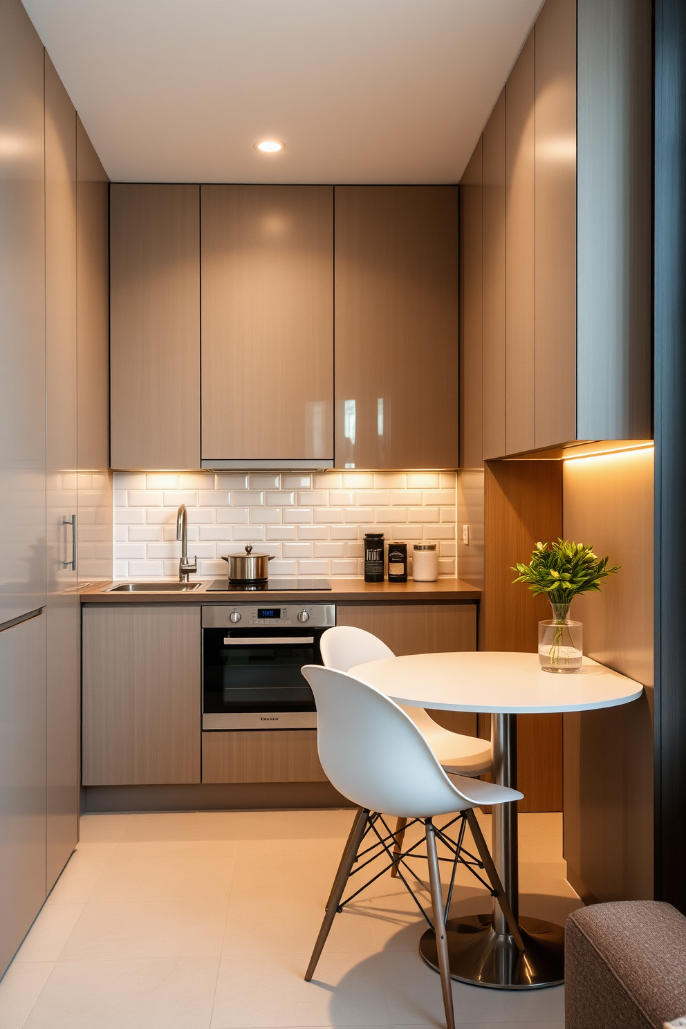 A cozy small apartment kitchen featuring sleek cabinetry in a soft white finish. The countertops are made of light gray quartz, and a small island with bar stools provides additional seating. Under-cabinet lighting illuminates the workspace, creating a warm and inviting atmosphere. A compact dining table with modern chairs is positioned near a window, enhancing the natural light in the space.