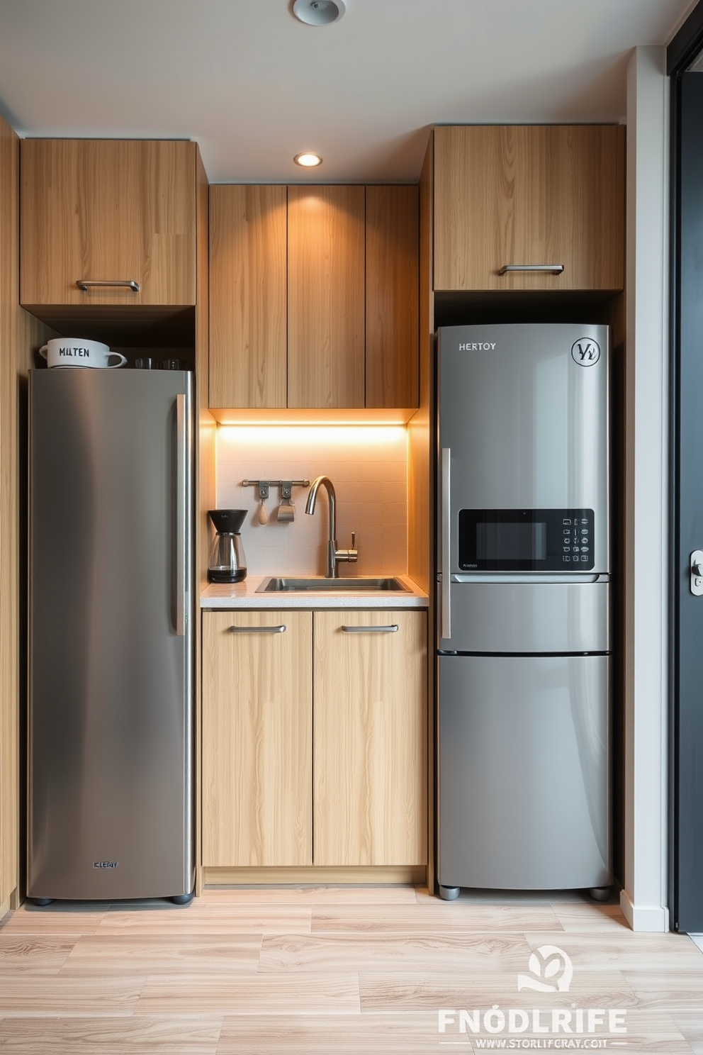 A small apartment kitchen designed for efficiency and style features multi-functional appliances that maximize space. The sleek refrigerator doubles as a freezer and has a built-in coffee maker, while the compact stove includes an integrated oven for versatile cooking options. The cabinetry is designed with pull-out shelves and hidden compartments to keep the kitchen organized. A foldable dining table is seamlessly integrated into the design, providing additional workspace when needed.