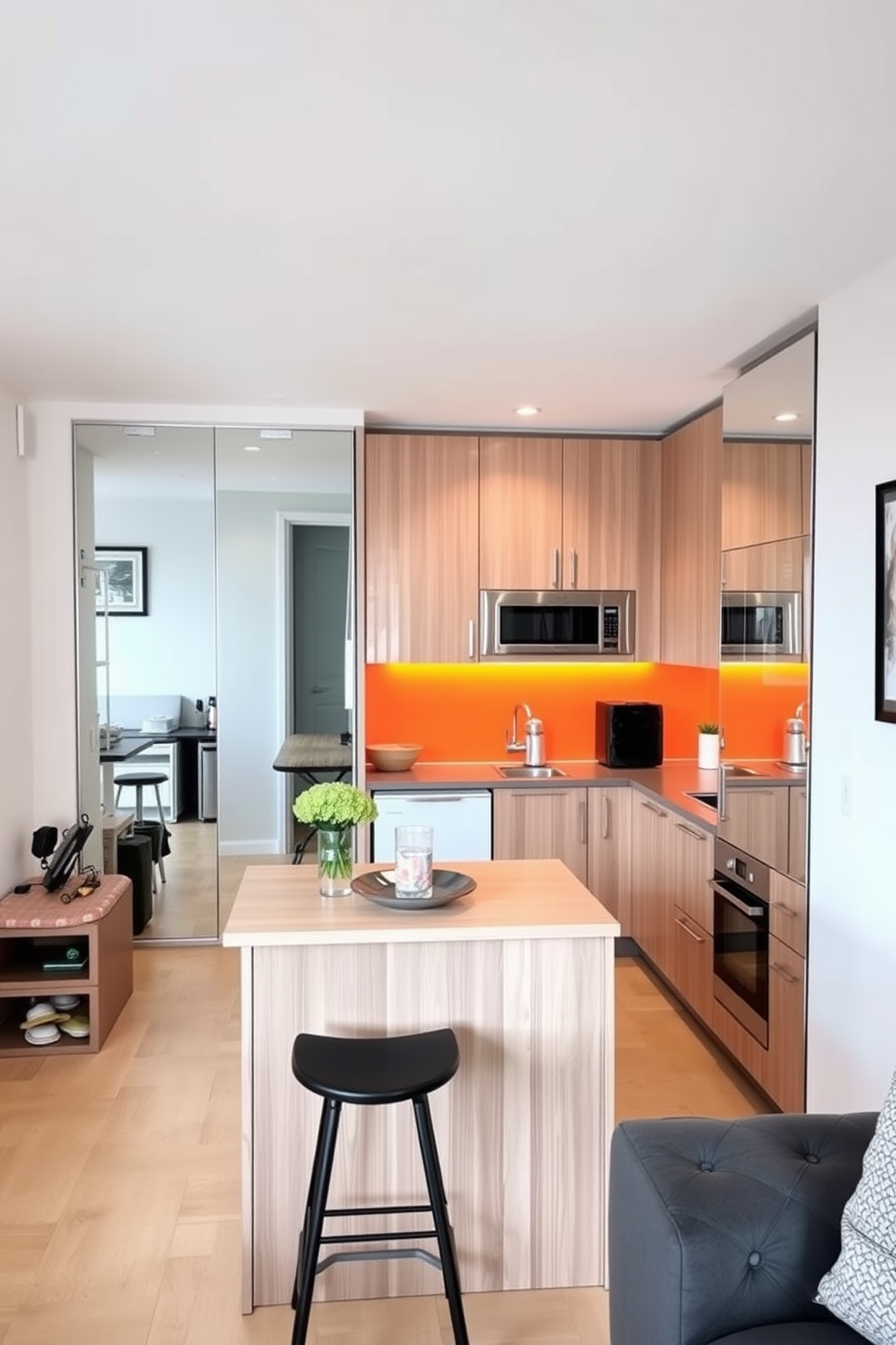 A modern multi-functional island serves as both a cooking space and a dining area in a small apartment kitchen. The island features a sleek countertop with integrated stove and bar seating, surrounded by contemporary cabinetry in a light wood finish.