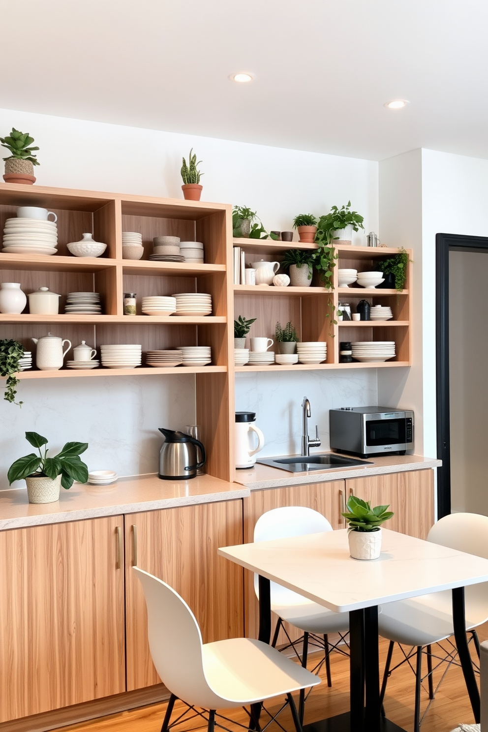 A small apartment kitchen featuring open shelving instead of traditional cabinets. The shelves are filled with stylish dishware and decorative plants, creating an airy and inviting atmosphere. The countertops are made of a light-colored stone, complementing the warm wood tones of the shelving. A compact dining table with modern chairs is positioned against the wall, maximizing the space while providing a cozy dining area.