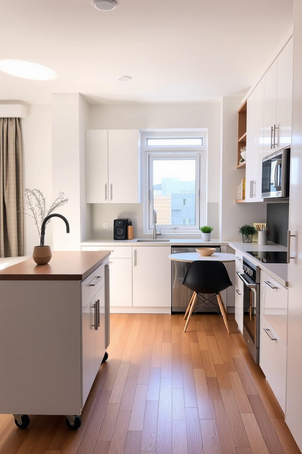 A small apartment kitchen featuring a sleek design with a kitchen island on wheels for added flexibility. The cabinetry is a crisp white, complemented by stainless steel appliances and a subtle gray backsplash. Natural light floods the space through a large window, highlighting the warm wood accents throughout. A cozy dining nook with a round table and stylish chairs sits adjacent to the kitchen, creating an inviting atmosphere.