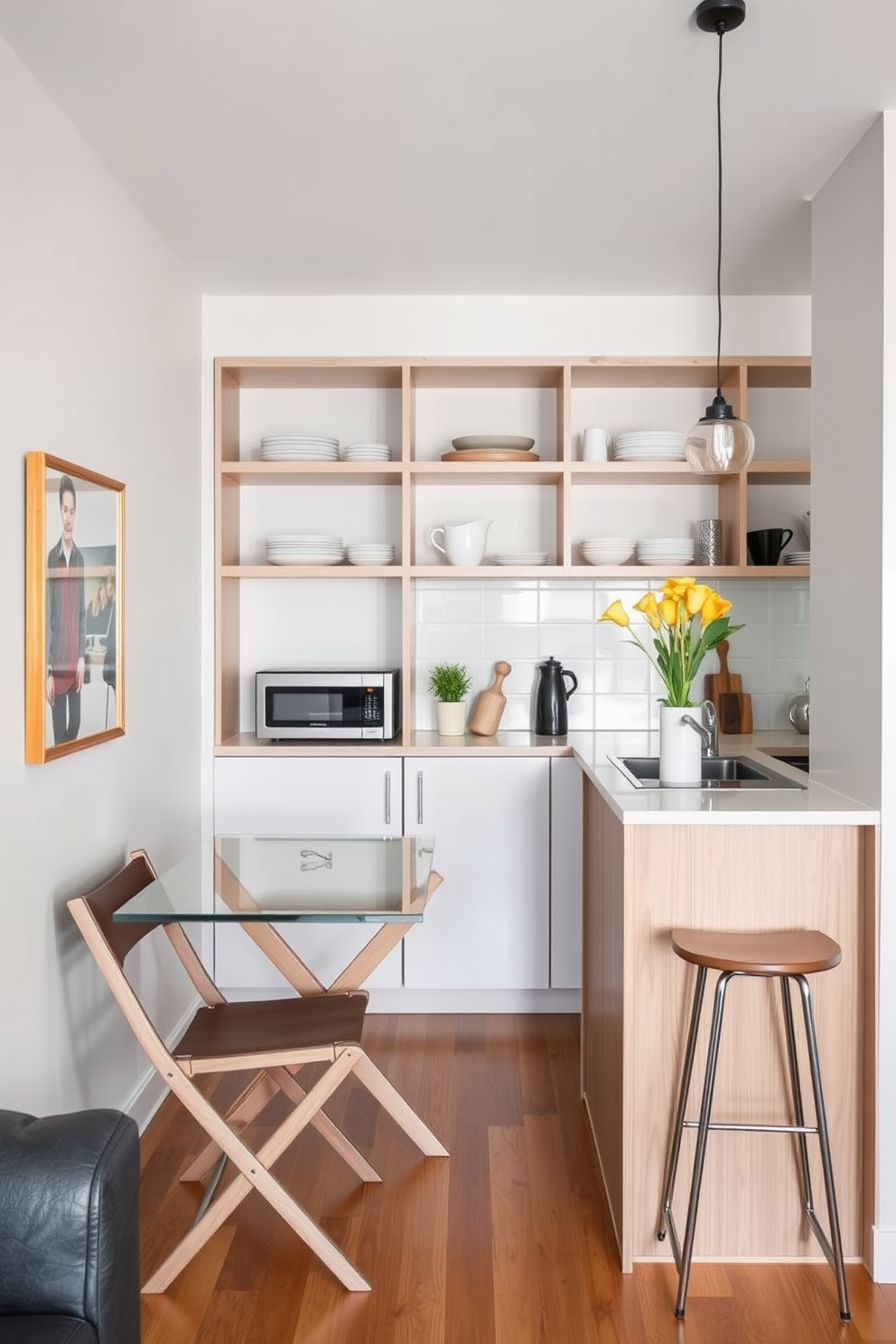 A compact kitchen featuring sleek cabinetry in a soft gray finish with modern hardware. The backsplash is a stylish subway tile in a glossy white, providing both protection and a timeless look. The kitchen island doubles as a dining space with two bar stools tucked underneath. Natural light floods the room through a large window, highlighting the warm wood accents and open shelving displaying curated dishware.