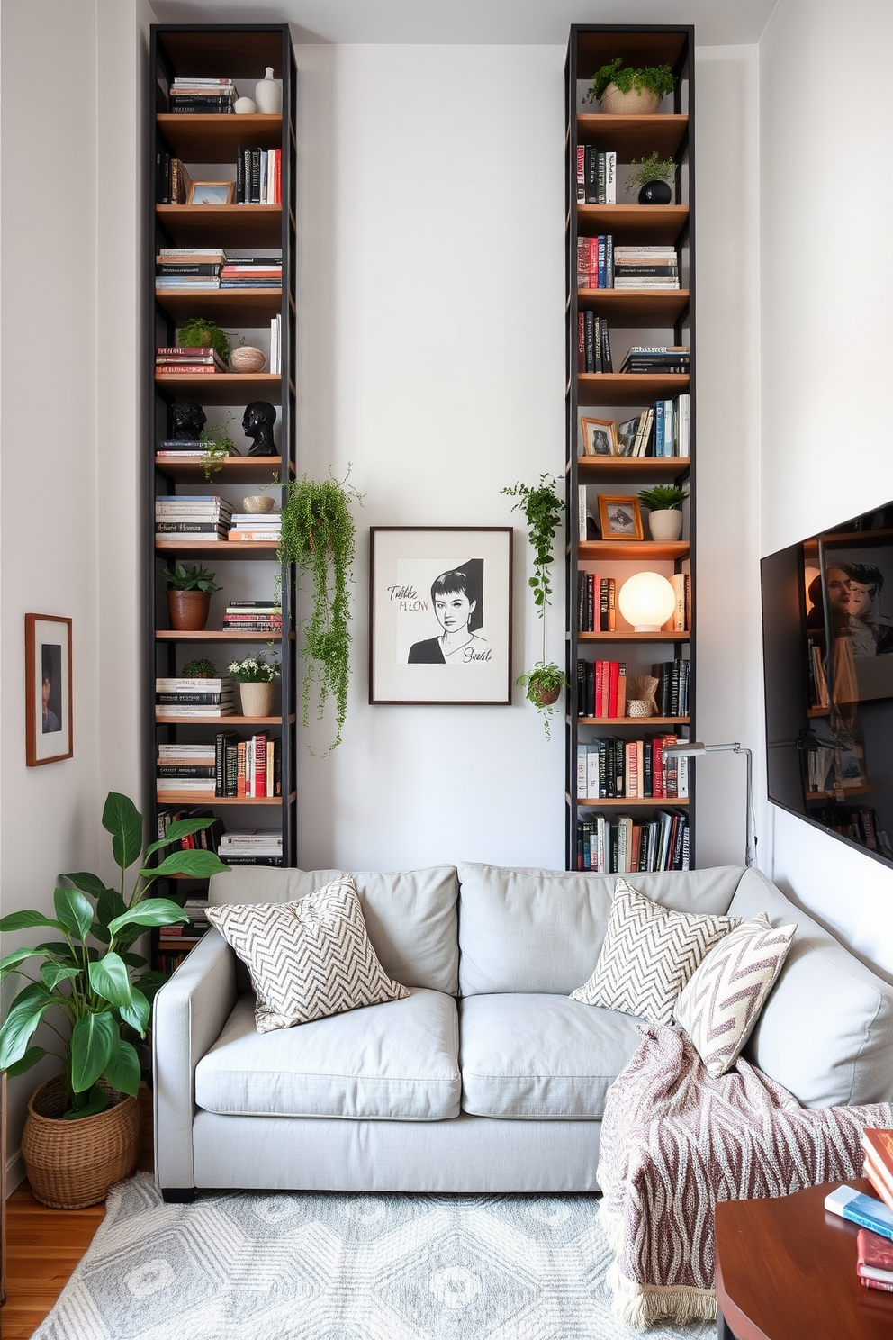 Maximize vertical space with shelves in a small apartment living room. Incorporate a sleek, modern shelving unit that stretches from floor to ceiling, showcasing books, plants, and decorative items. Choose a light color palette to enhance the feeling of openness. Add a cozy seating area with a compact sofa and a stylish coffee table to create an inviting atmosphere.