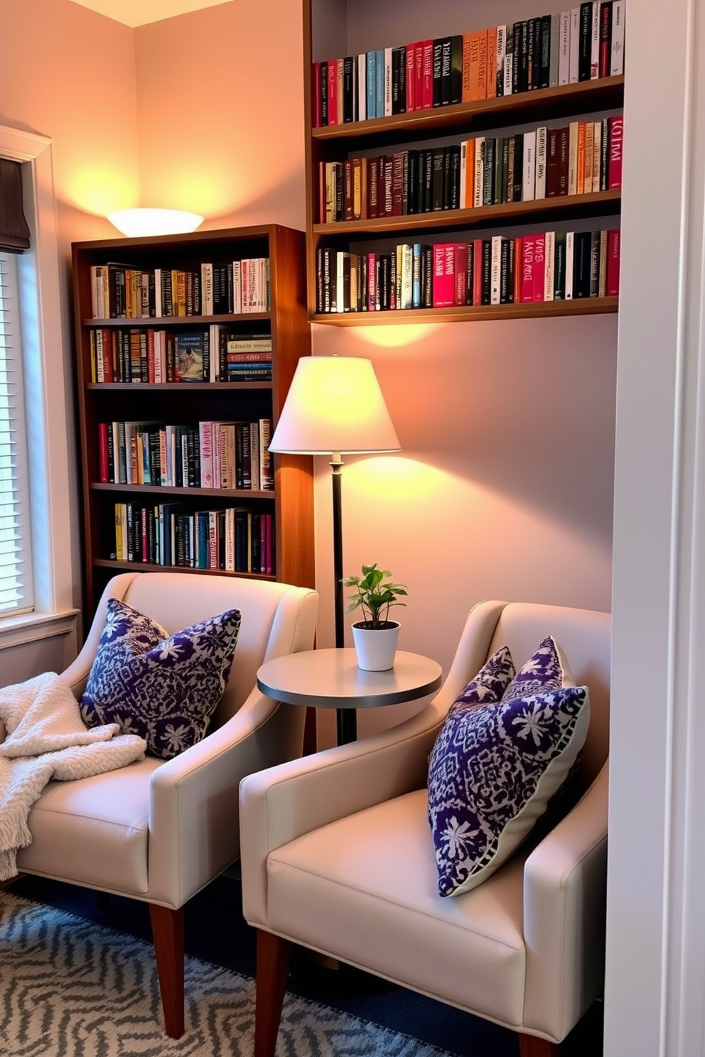 Create a cozy reading nook with two comfortable armchairs positioned around a small round table. A floor lamp with warm lighting stands next to one chair, and a bookshelf filled with colorful books lines the wall. Incorporate soft textiles like a plush throw blanket and decorative cushions on the chairs. A small potted plant adds a touch of greenery to the space, creating an inviting atmosphere for relaxation.