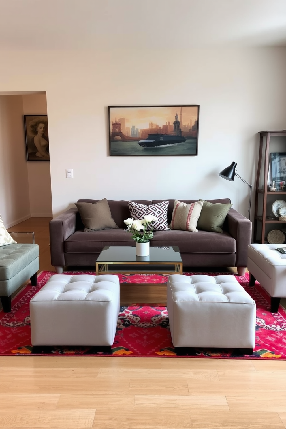 A cozy small apartment living room features a stylish arrangement of furniture with a plush sofa and a chic coffee table at the center. Flanking the sofa are two elegant ottomans that provide additional seating options while enhancing the overall aesthetic of the space. The walls are painted in a soft neutral tone, creating a warm and inviting atmosphere. A vibrant area rug anchors the seating area, and decorative cushions add pops of color and texture to the sofa.