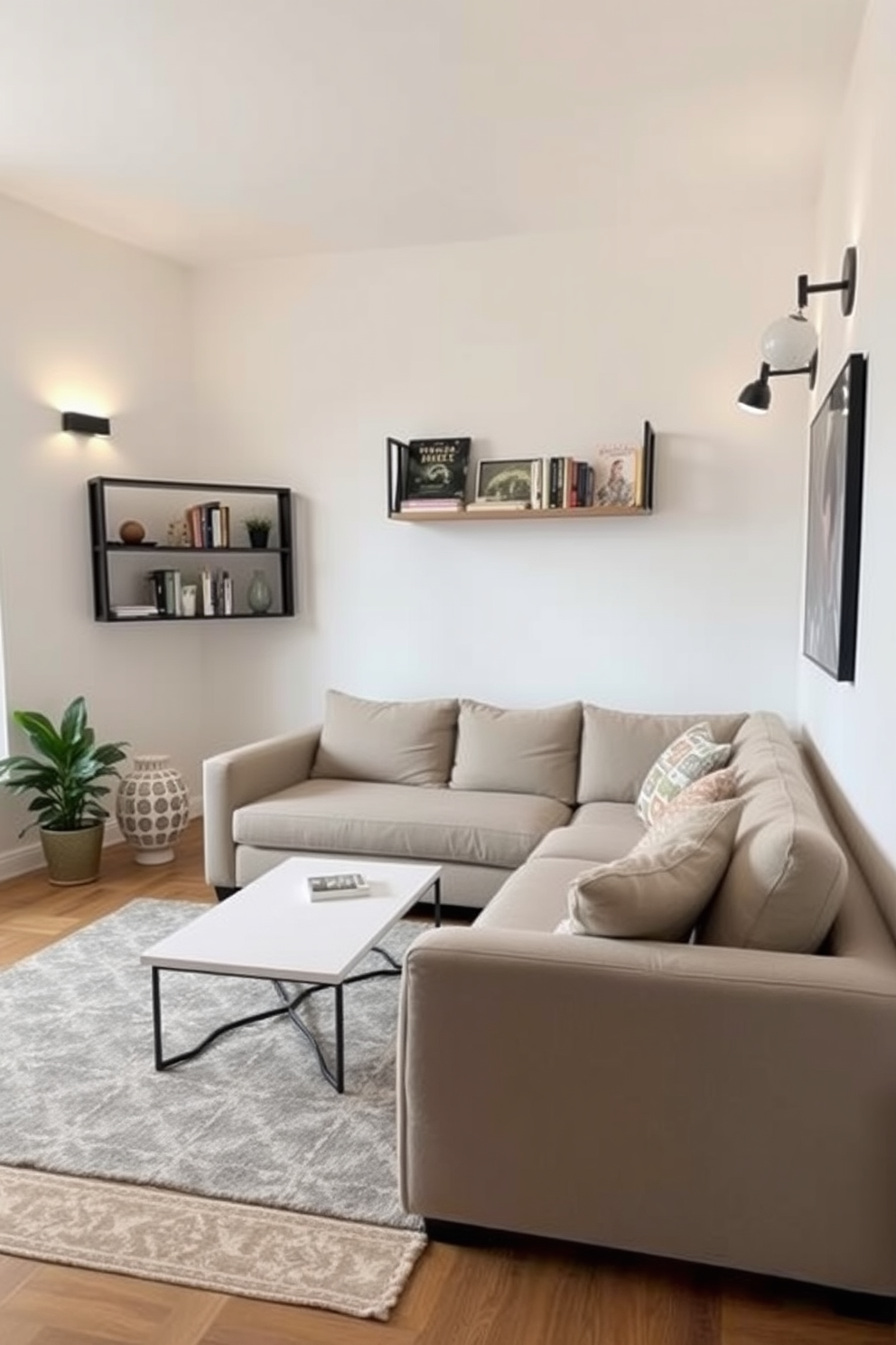 A cozy small apartment living room featuring a comfortable sectional sofa in a neutral tone. A sleek coffee table sits in front of the sofa, and a wall-mounted shelf displays books and decorative items. The walls are painted in a light pastel color to enhance brightness. A stylish area rug anchors the seating area, while wall-mounted lighting fixtures provide ample illumination without taking up floor space.